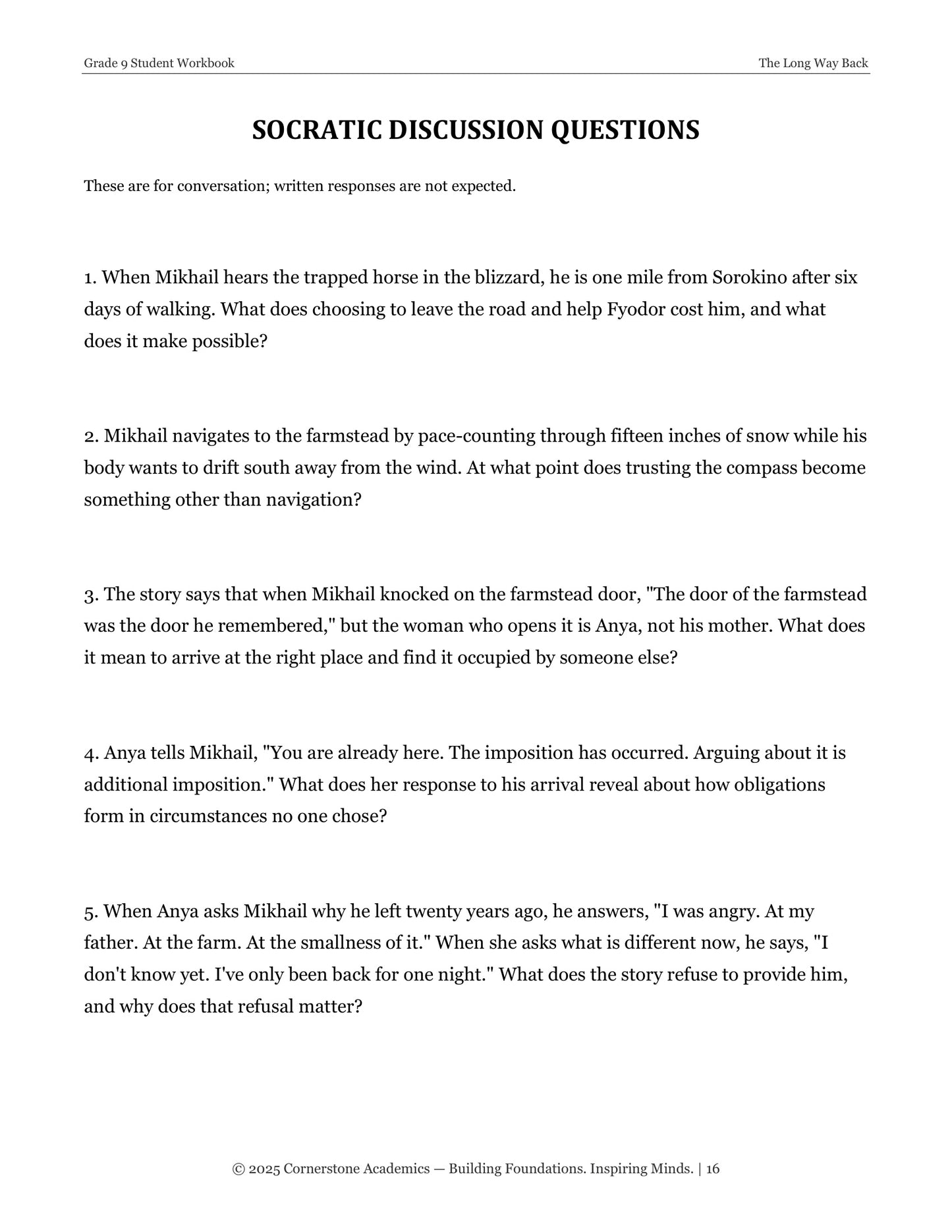 The Long Way Back | Grade 9 Classical Literature Packet | Cornerstone Academics