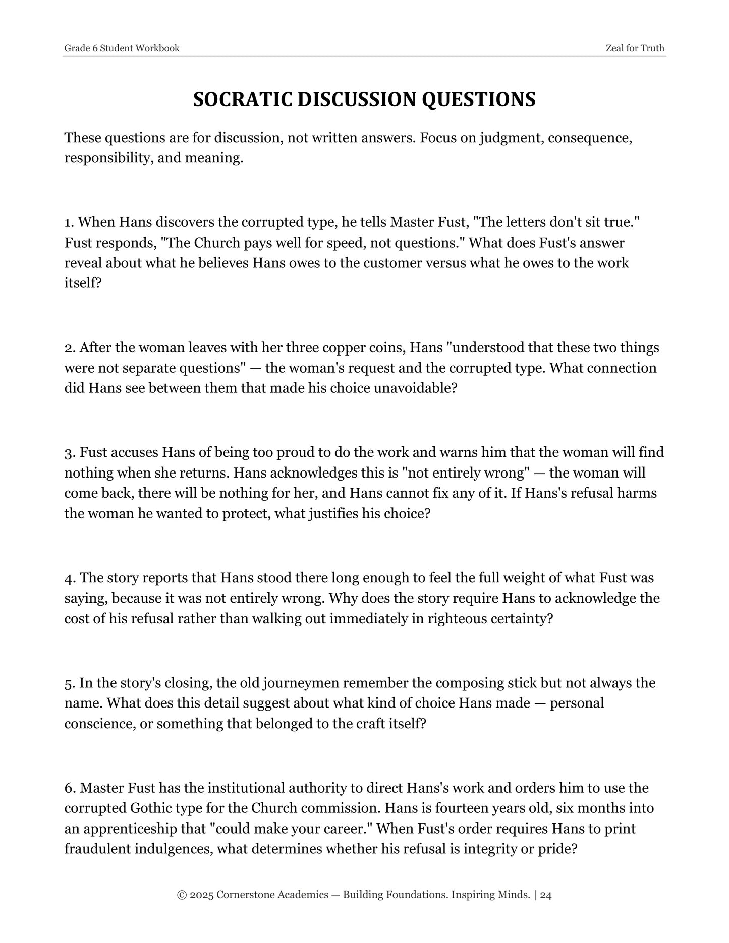 Zeal for Truth | Grade 6 Classical Literature Packet | Cornerstone Academics