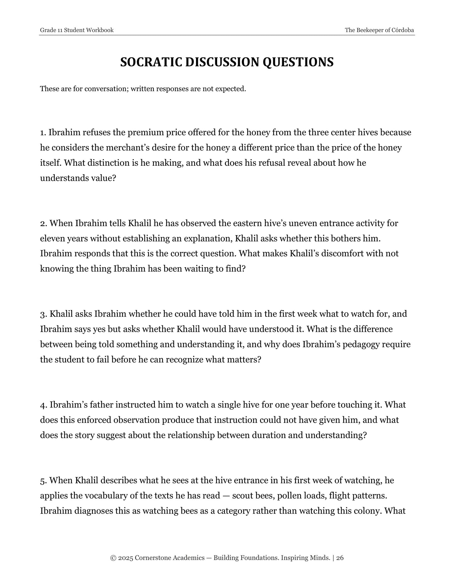 The Beekeeper of Córdoba | Grade 11 Classical Literature Packet | Cornerstone Academics
