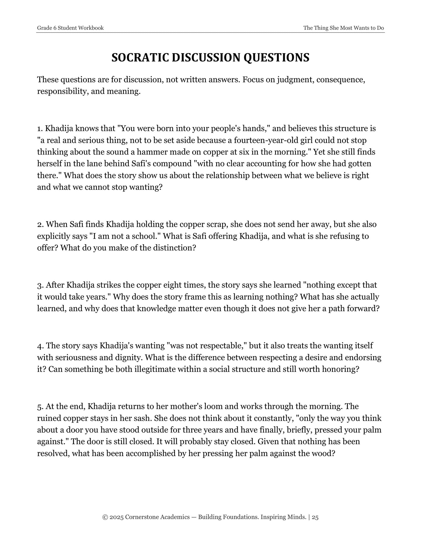 The Thing She Most Wants to Do | Grade 6 Classical Literature Packet | Cornerstone Academics
