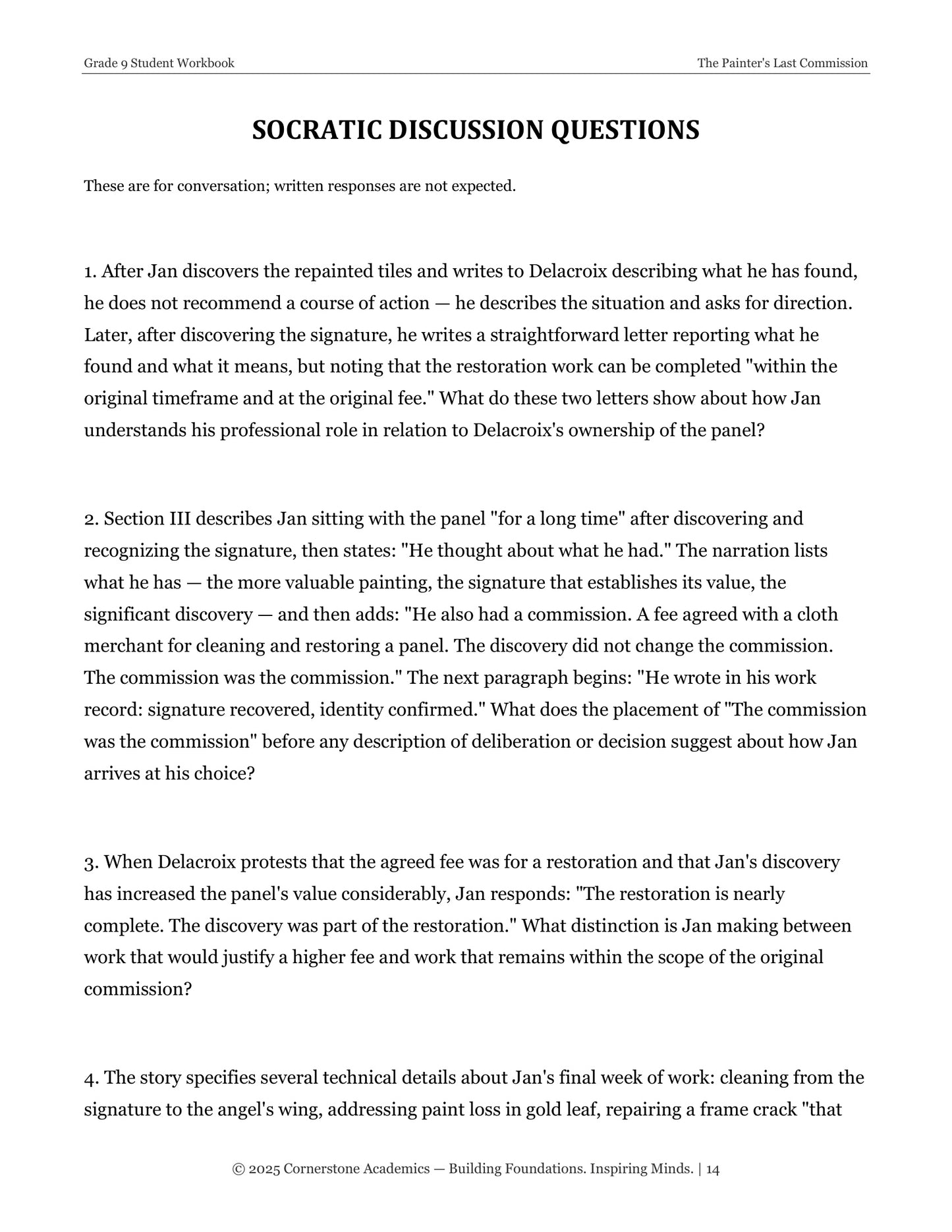 The Painter's Last Commission | Grade 9 Classical Literature Packet | Cornerstone Academics