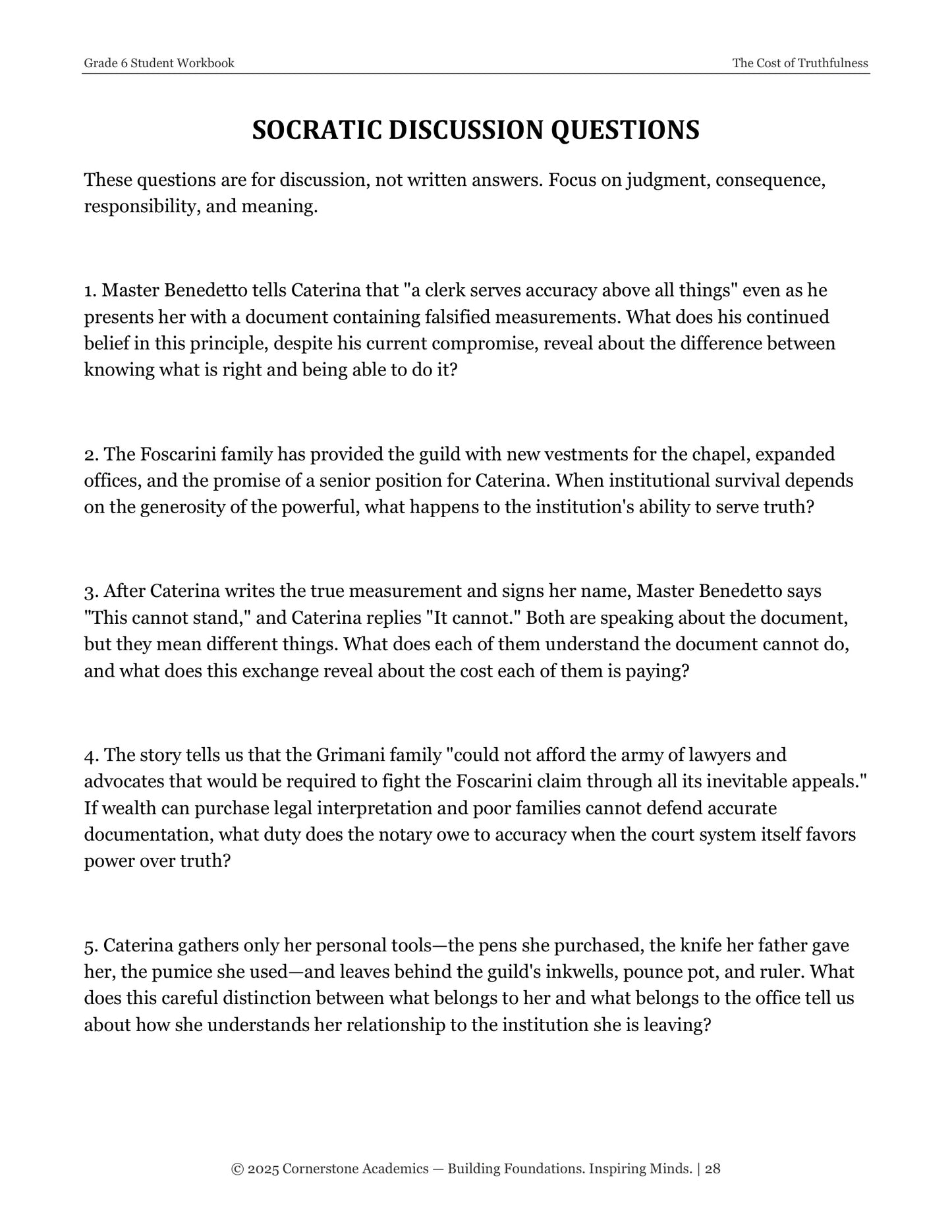 The Cost of Truthfulness | Grade 6 Classical Literature Packet | Cornerstone Academics