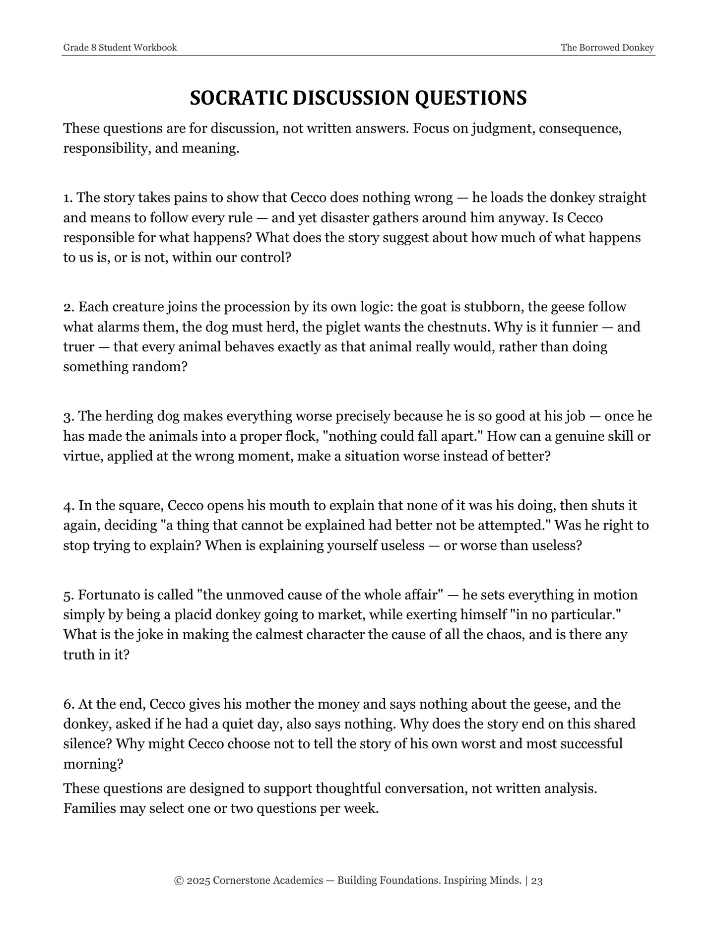 The Borrowed Donkey | Grade 8 Classical Literature Packet | Cornerstone Academics