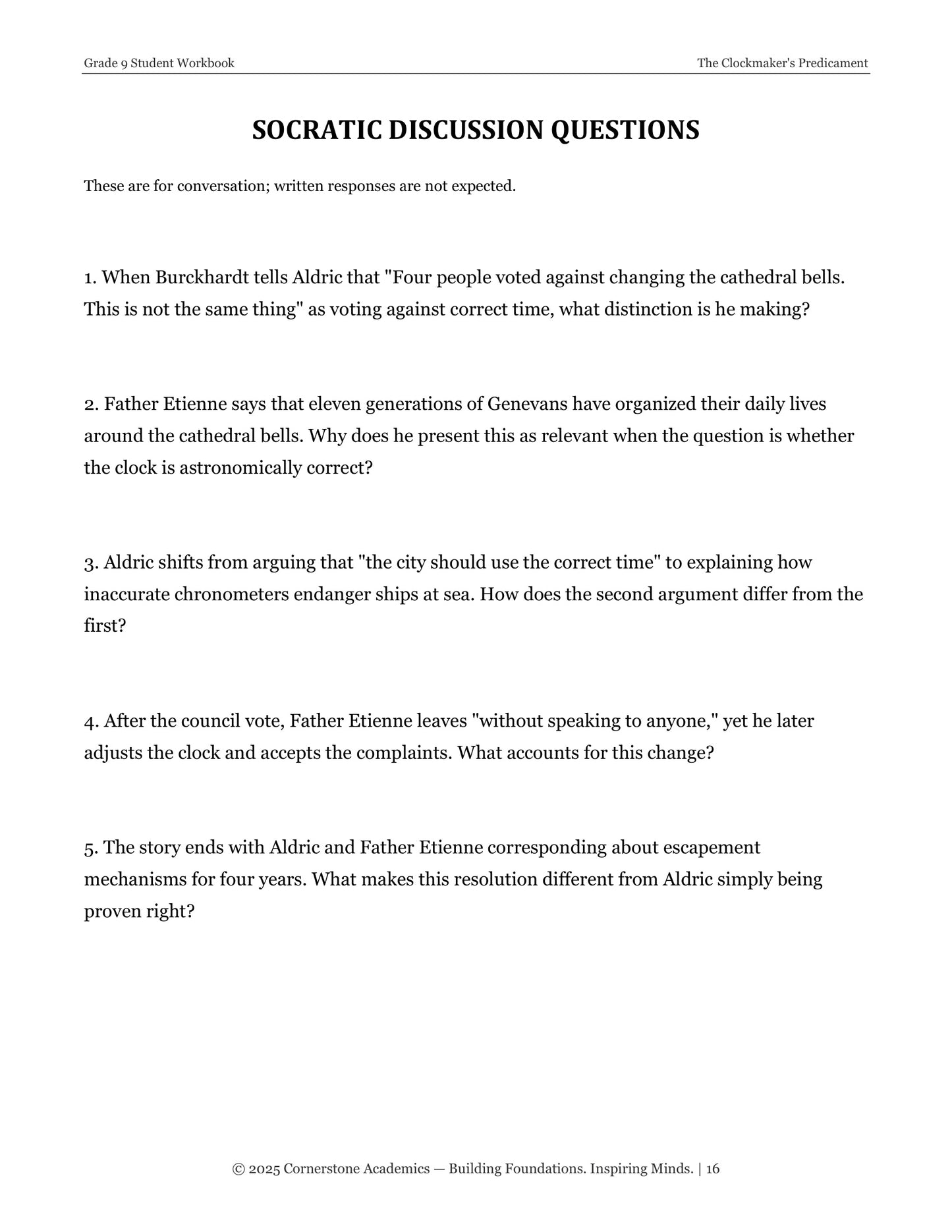 The Clockmaker's Predicament | Grade 9 Classical Literature Packet | Cornerstone Academics