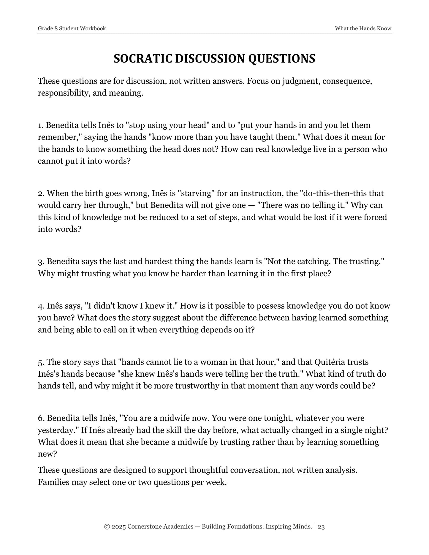 What the Hands Know | Grade 8 Classical Literature Packet | Cornerstone Academics