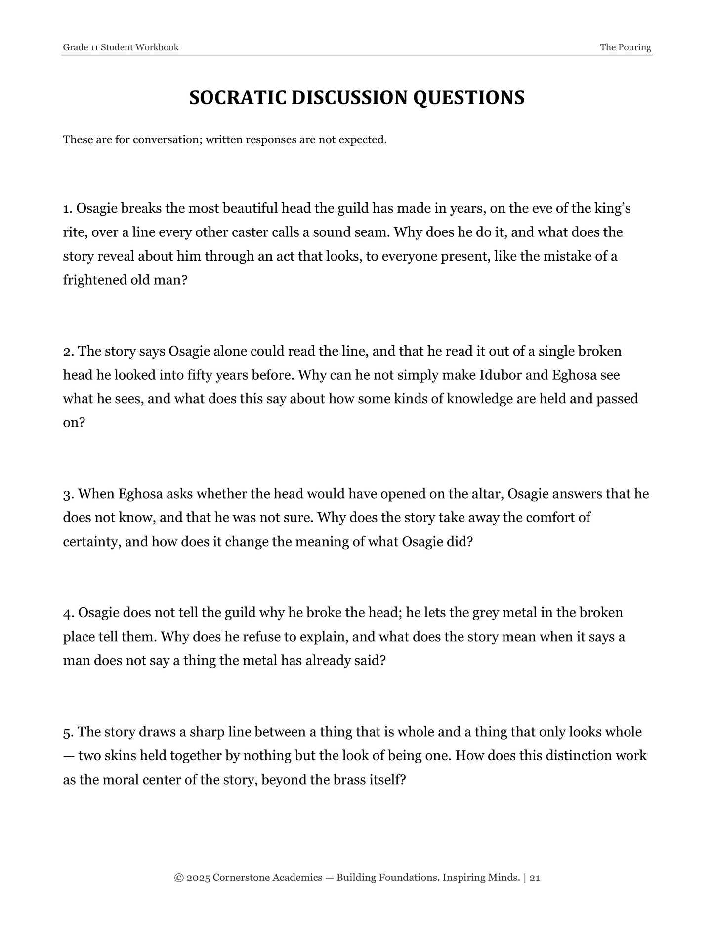 The Pouring | Grade 11 Classical Literature Packet | Cornerstone Academics