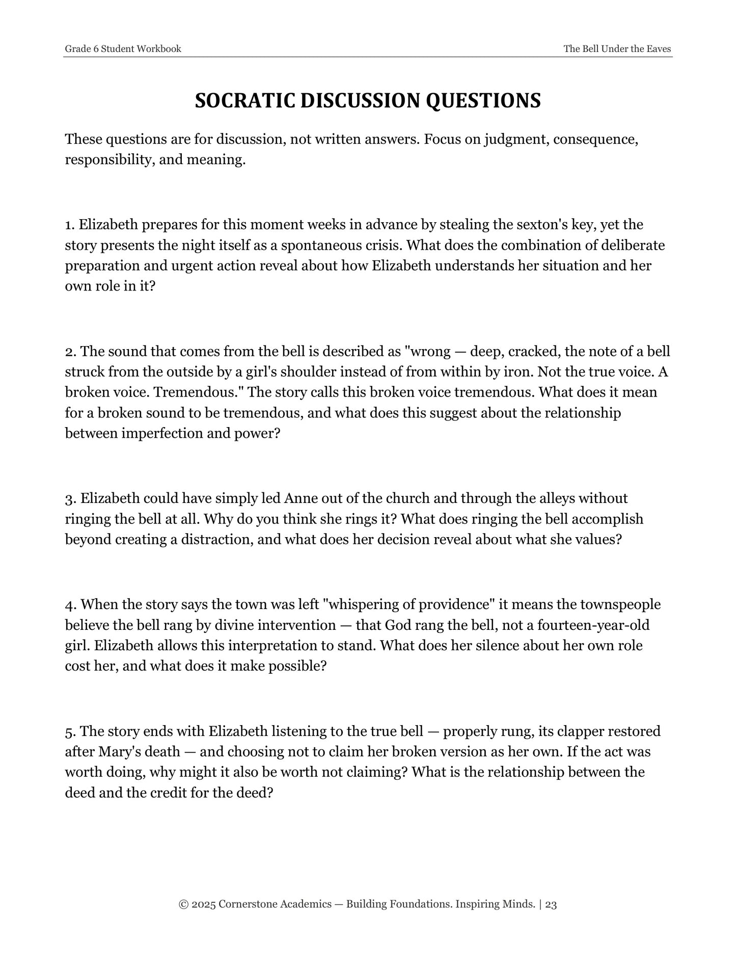 The Bell Under the Eaves | Grade 6 Classical Literature Packet | Cornerstone Academics