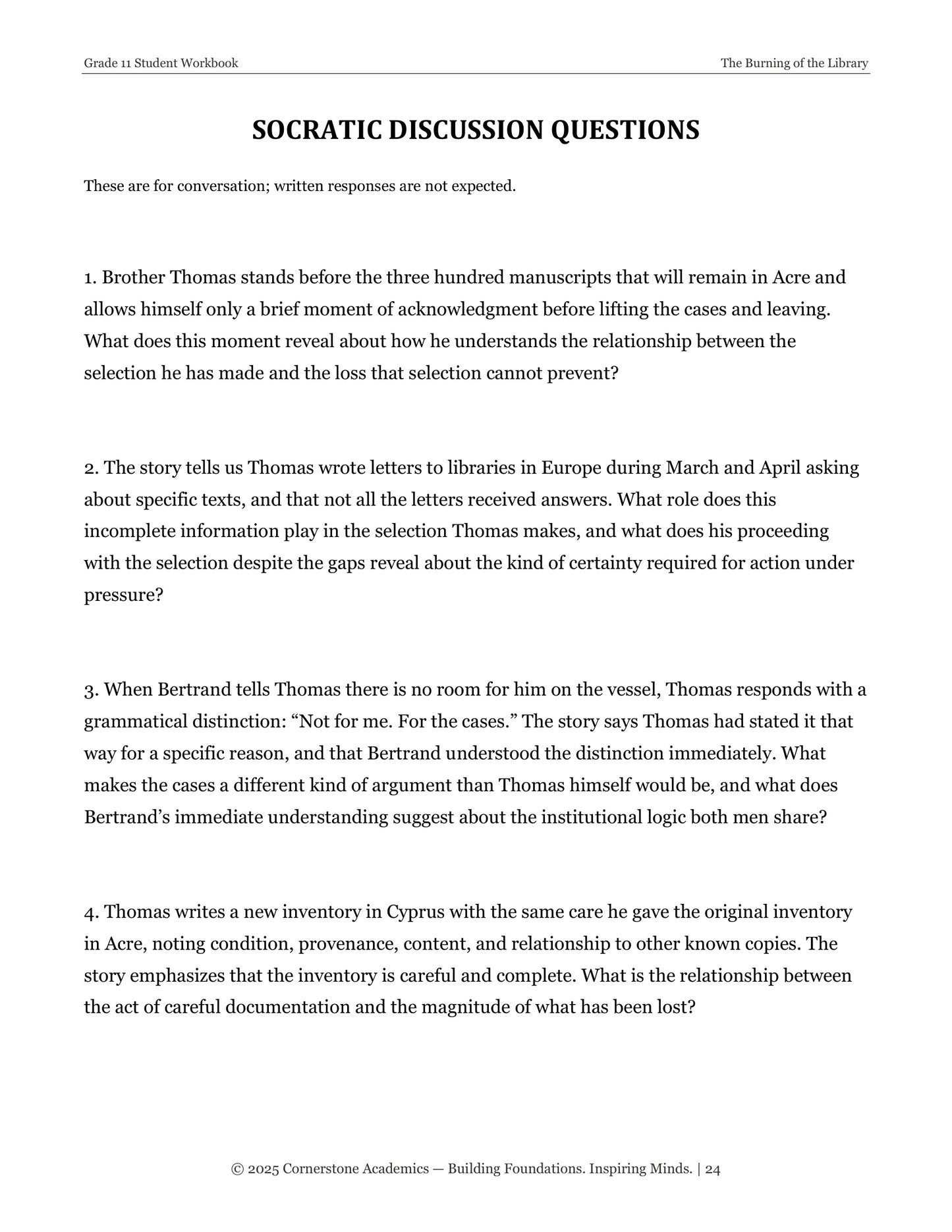 The Burning of the Library | Grade 11 Classical Literature Packet | Cornerstone Academics