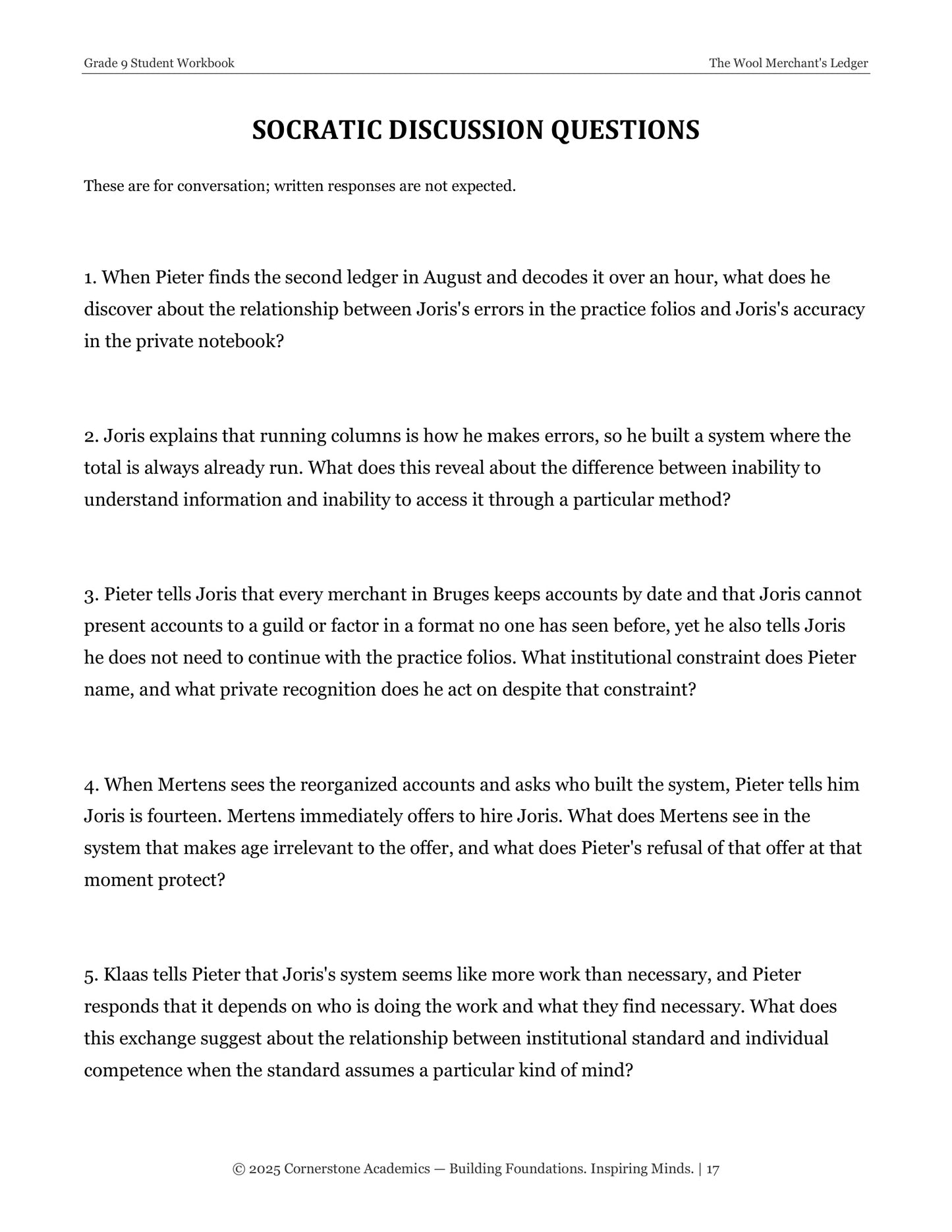 The Wool Merchant's Ledger | Grade 9 Classical Literature Packet | Cornerstone Academics