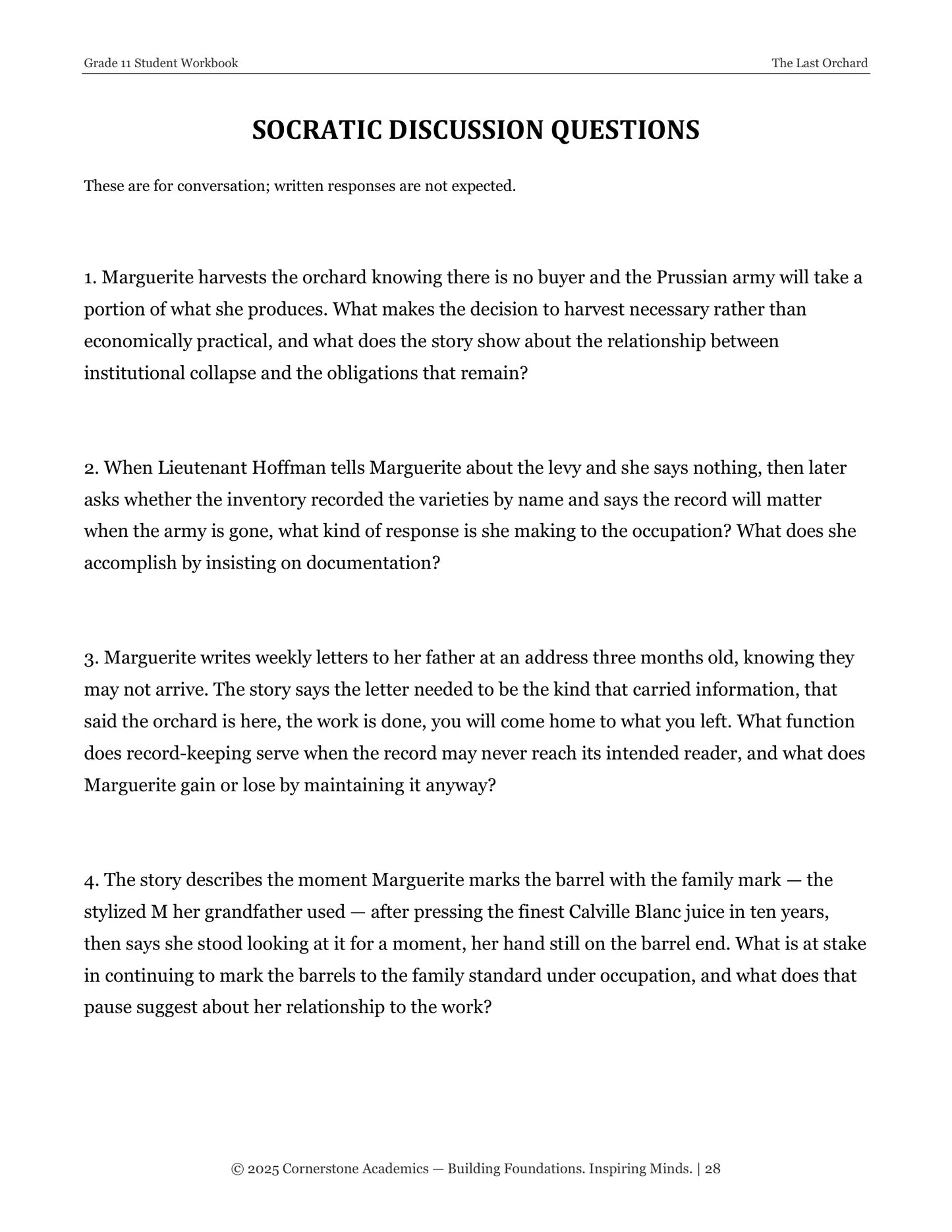 The Last Orchard | Grade 11 Classical Literature Packet | Cornerstone Academics
