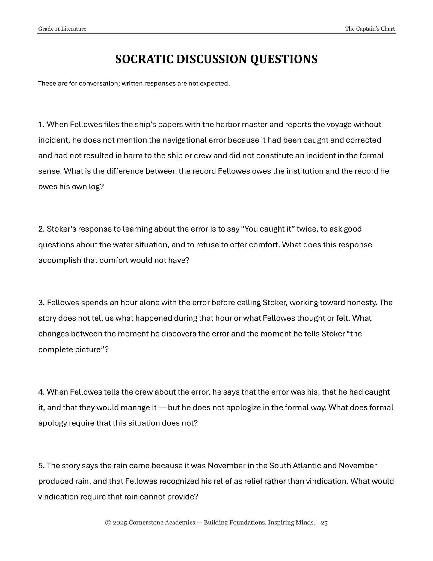 The Captain's Chart | Grade 11 Classical Literature Packet | Cornerstone Academics