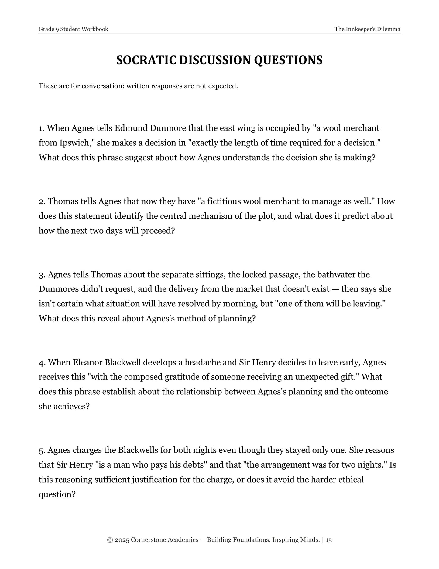 The Innkeeper's Dilemma | Grade 9 Classical Literature Packet | Cornerstone Academics