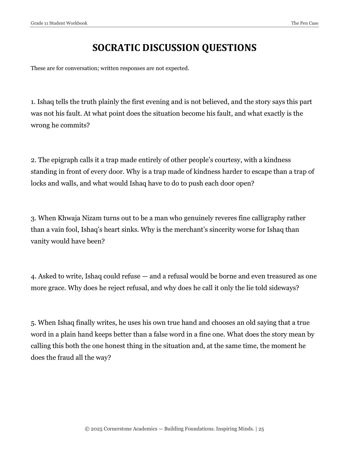 The Pen Case | Grade 11 Classical Literature Packet | Cornerstone Academics