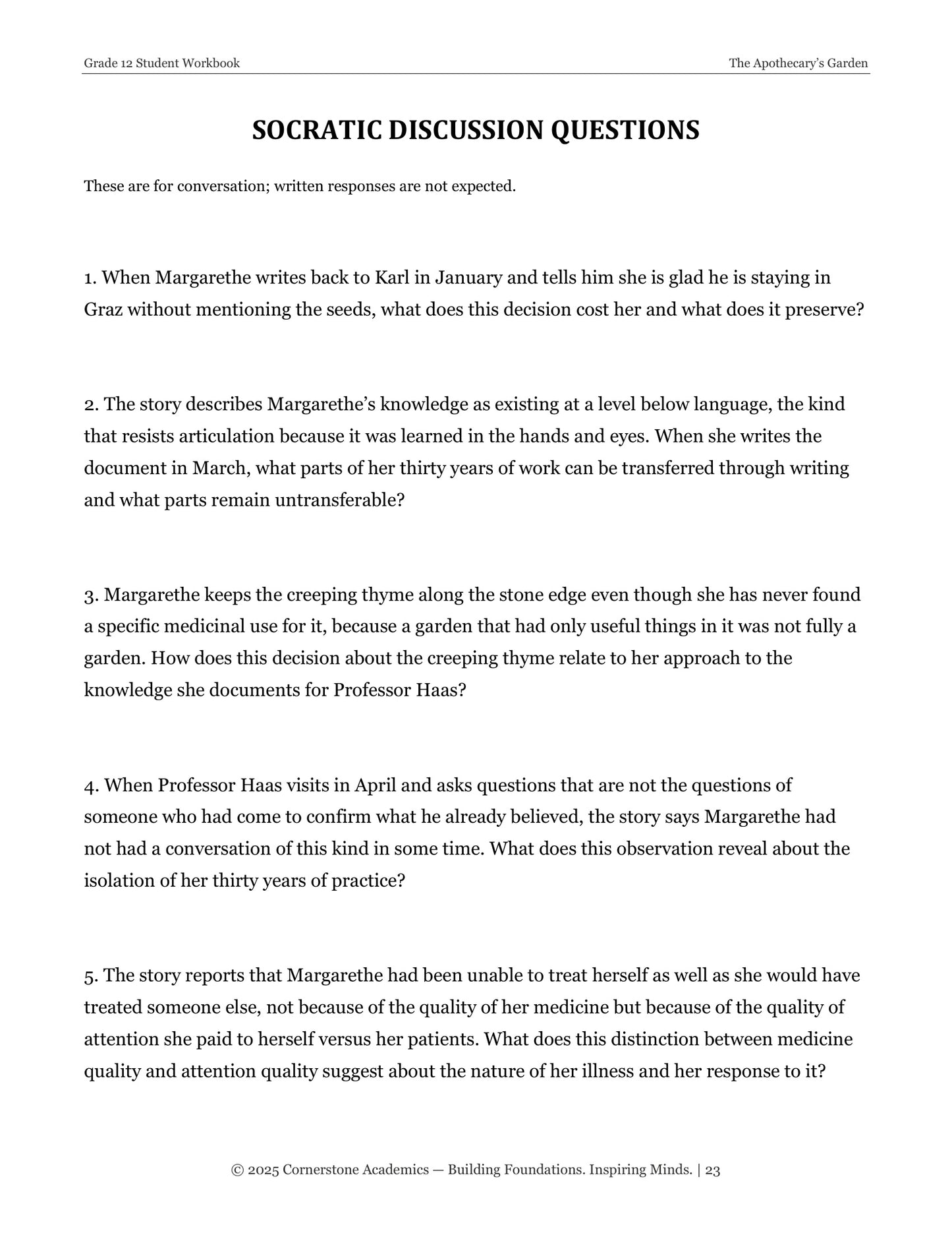 The Apothecary’s Garden | Grade 12 Classical Literature Packet | Cornerstone Academics