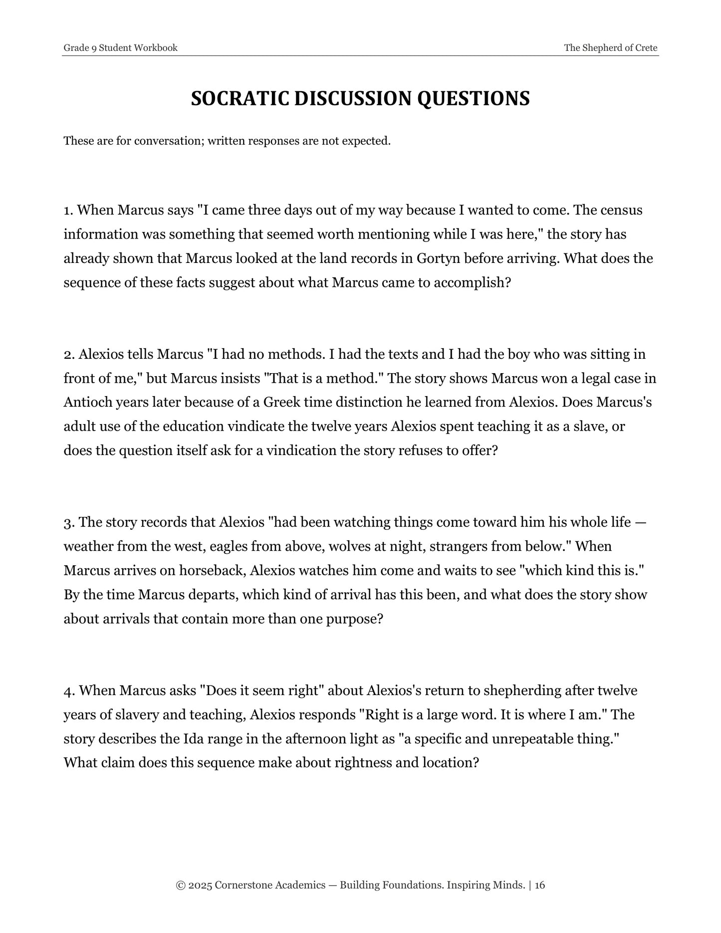 The Shepherd of Crete | Grade 9 Classical Literature Packet | Cornerstone Academics