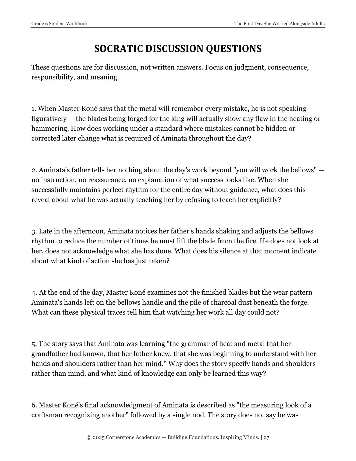 The First Day She Worked Alongside Adults | Grade 6 Classical Literature Packet | Cornerstone Academics