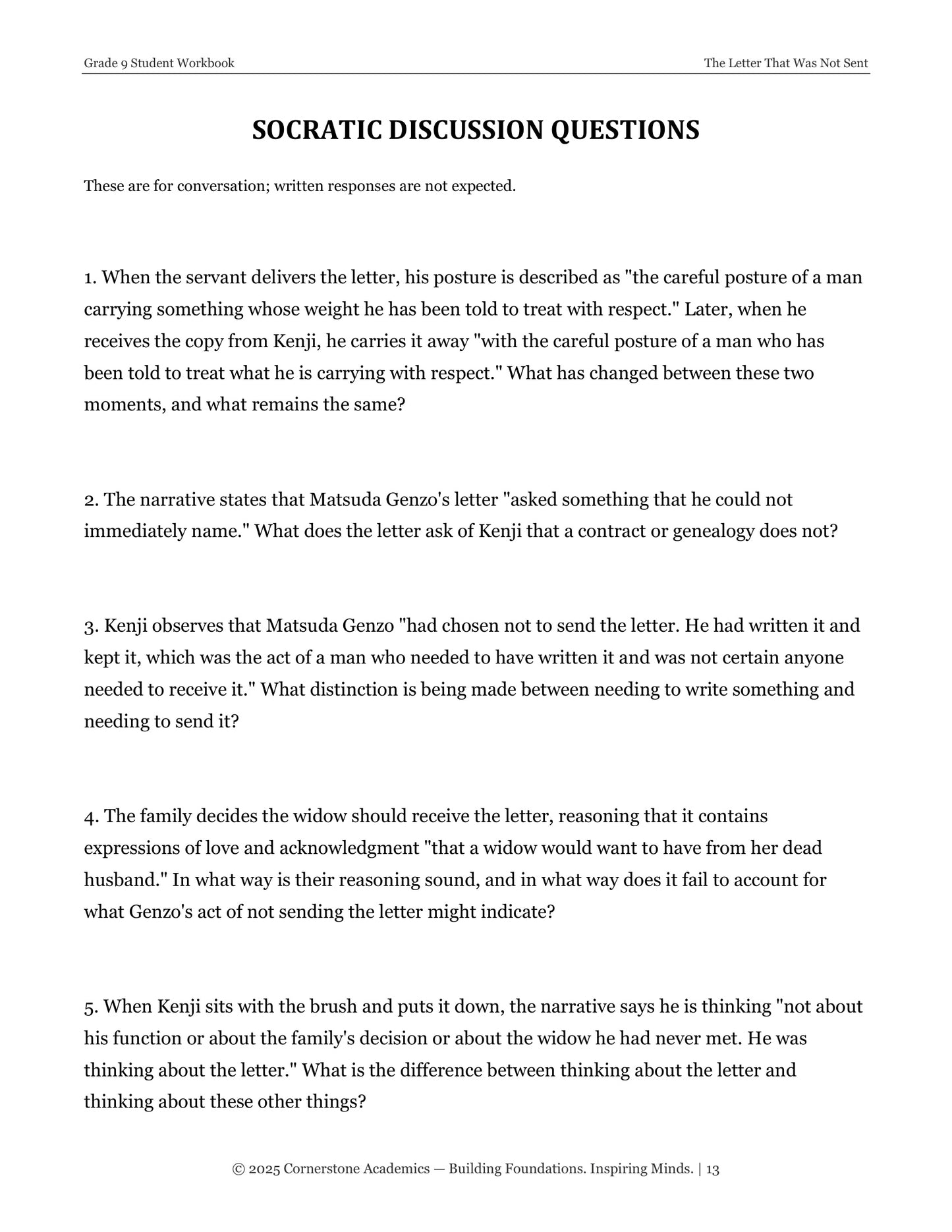 The Letter That Was Not Sent | Grade 9 Classical Literature Packet | Cornerstone Academics