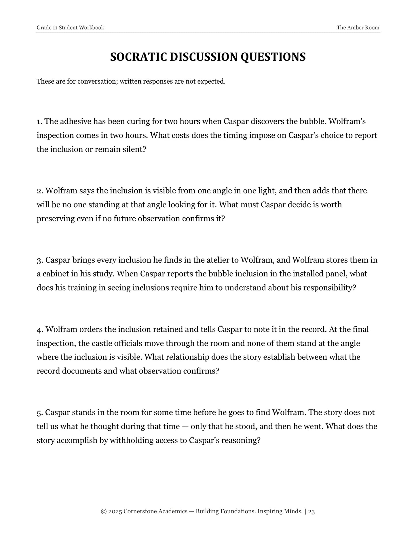 The Amber Room | Grade 11 Classical Literature Packet | Cornerstone Academics