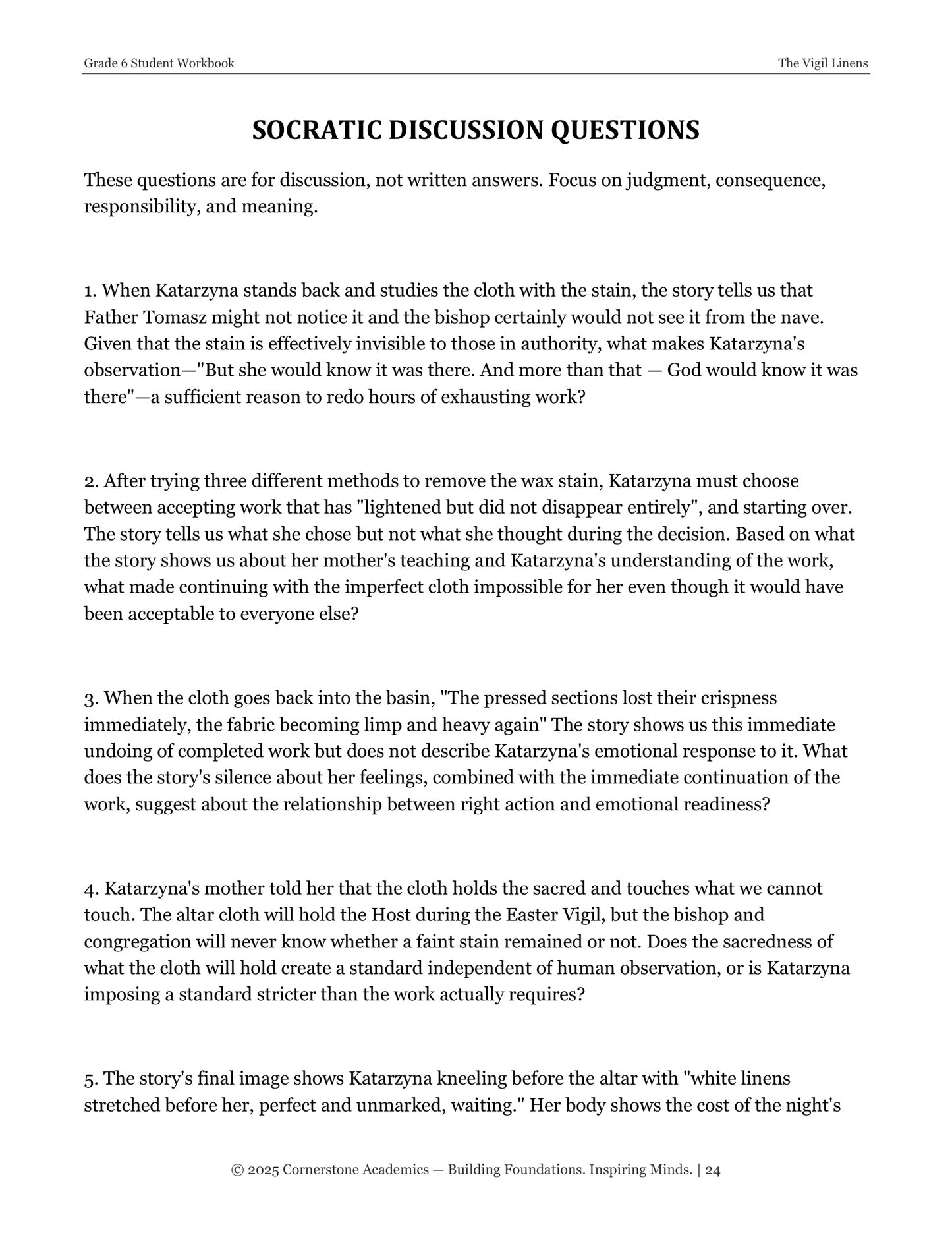 The Vigil Linens | Grade 6 Classical Literature Packet | Cornerstone Academics