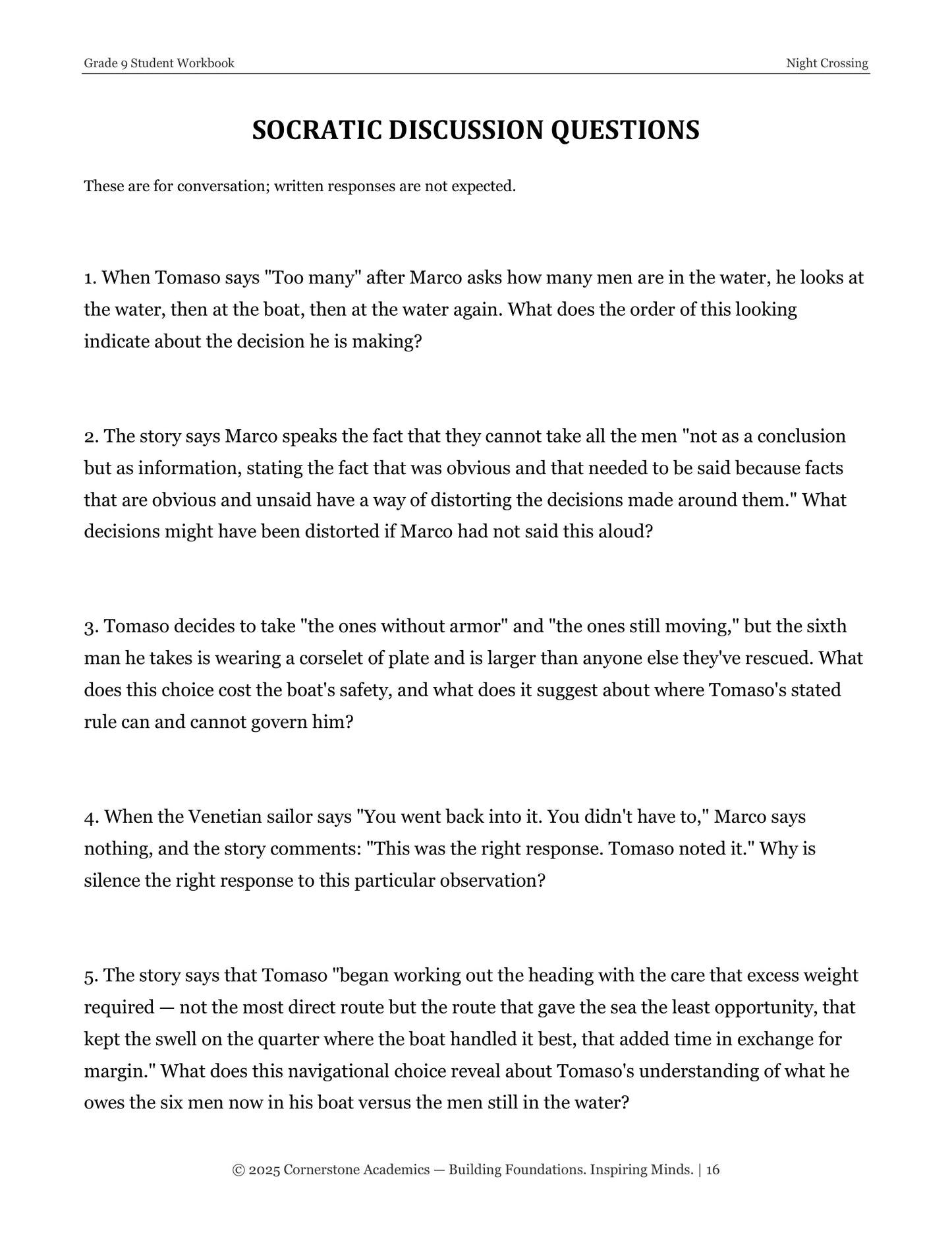Night Crossing | Grade 9 Classical Literature Packet | Cornerstone Academics