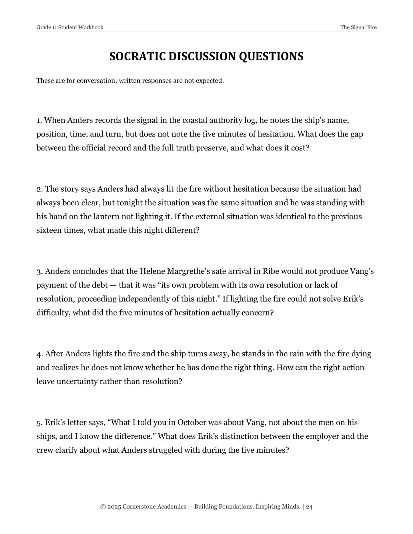 The Signal Fire | Grade 11 Classical Literature Packet | Cornerstone Academics