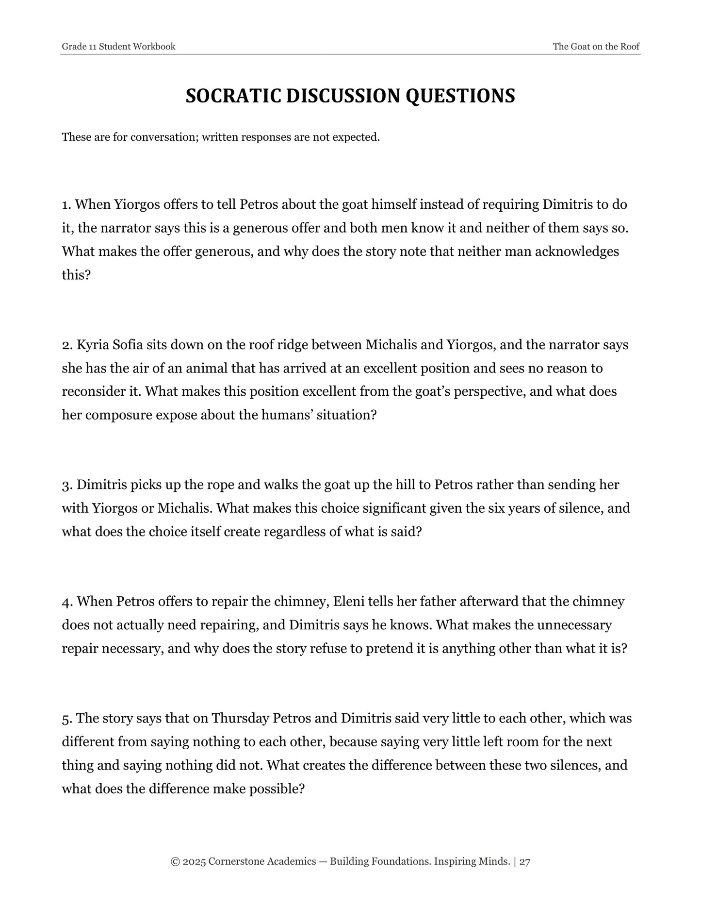 The Goat on the Roof | Grade 11 Classical Literature Packet | Cornerstone Academics