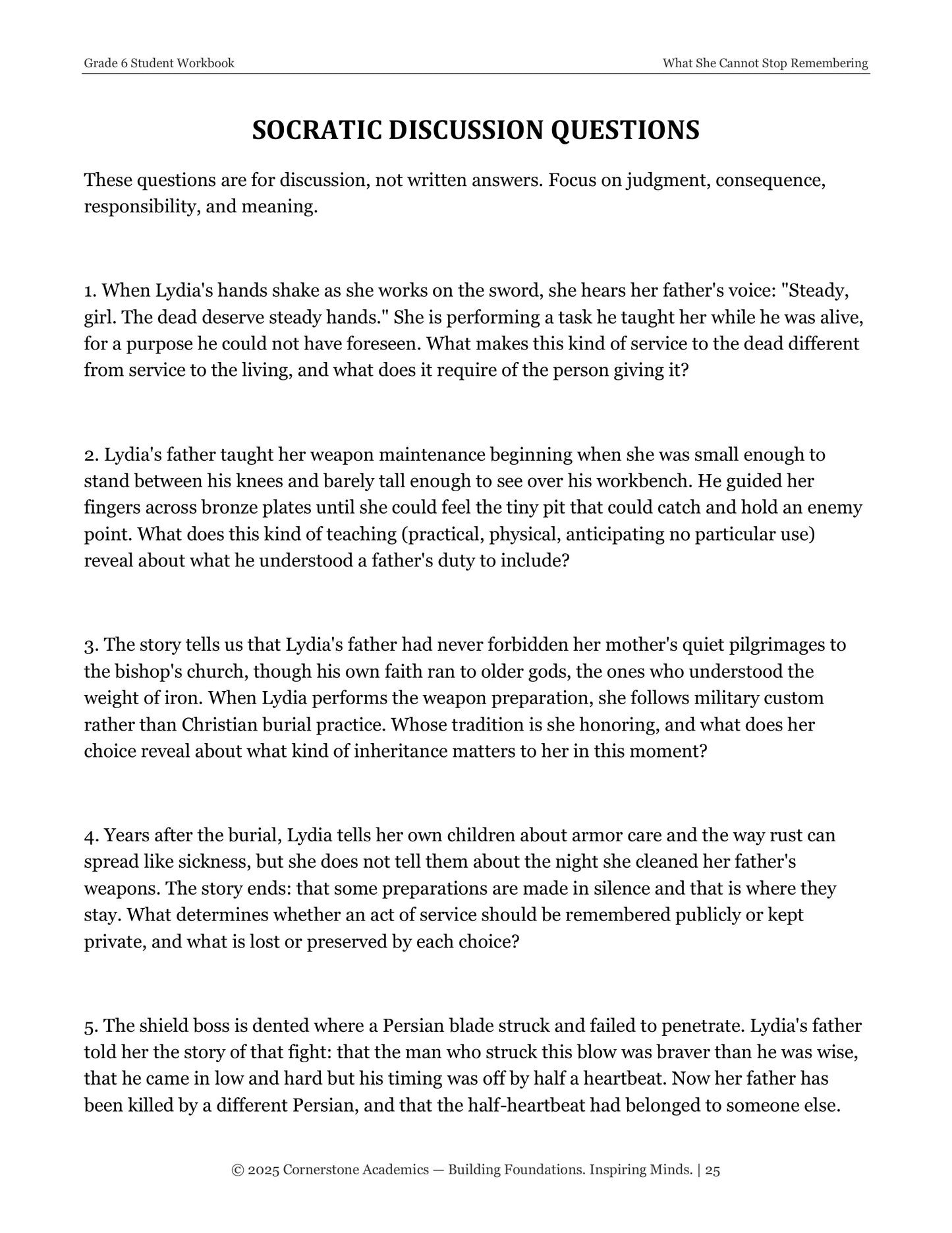 What She Cannot Stop Remembering | Grade 6 Classical Literature Packet | Cornerstone Academics