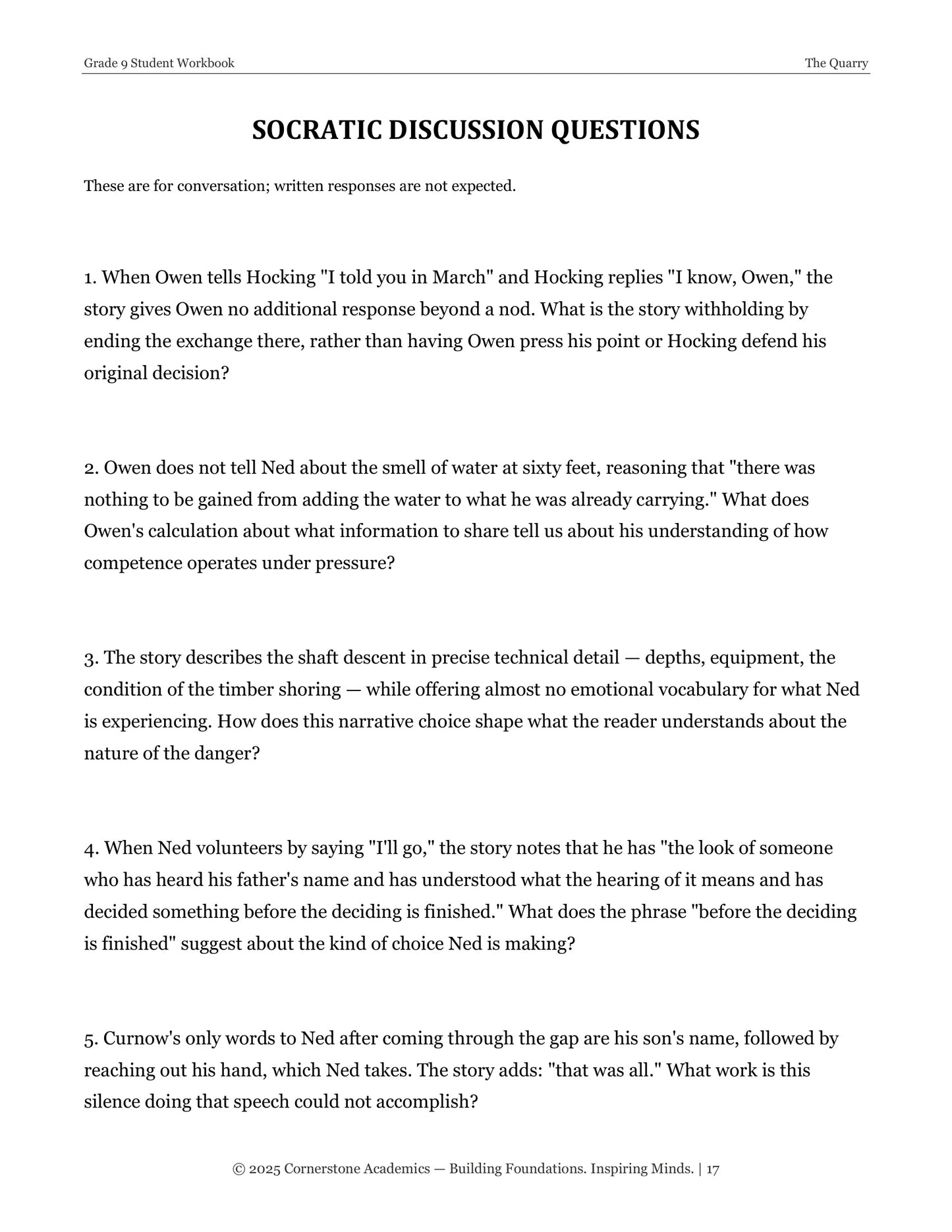 The Quarry | Grade 9 Classical Literature Packet | Cornerstone Academics