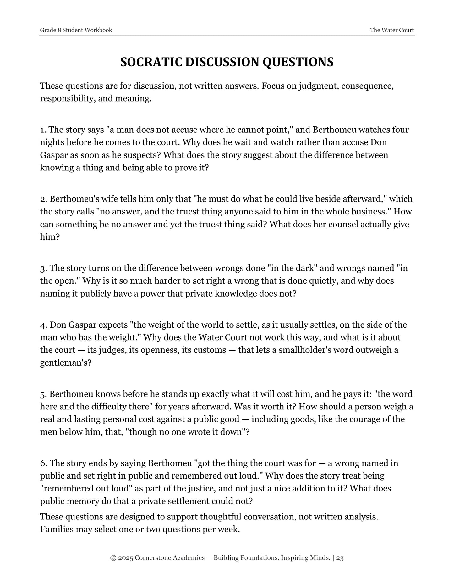 The Water Court | Grade 8 Classical Literature Packet | Cornerstone Academics