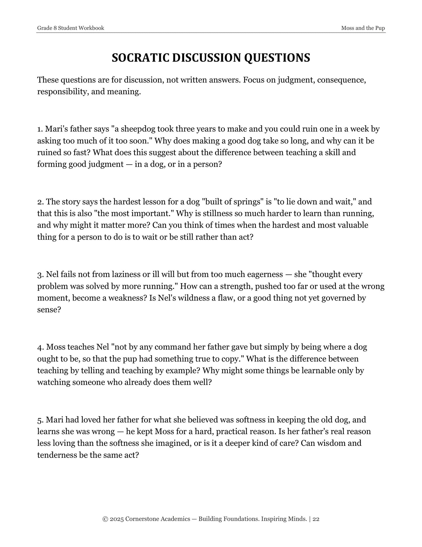 Moss and the Pup | Grade 8 Classical Literature Packet | Cornerstone Academics