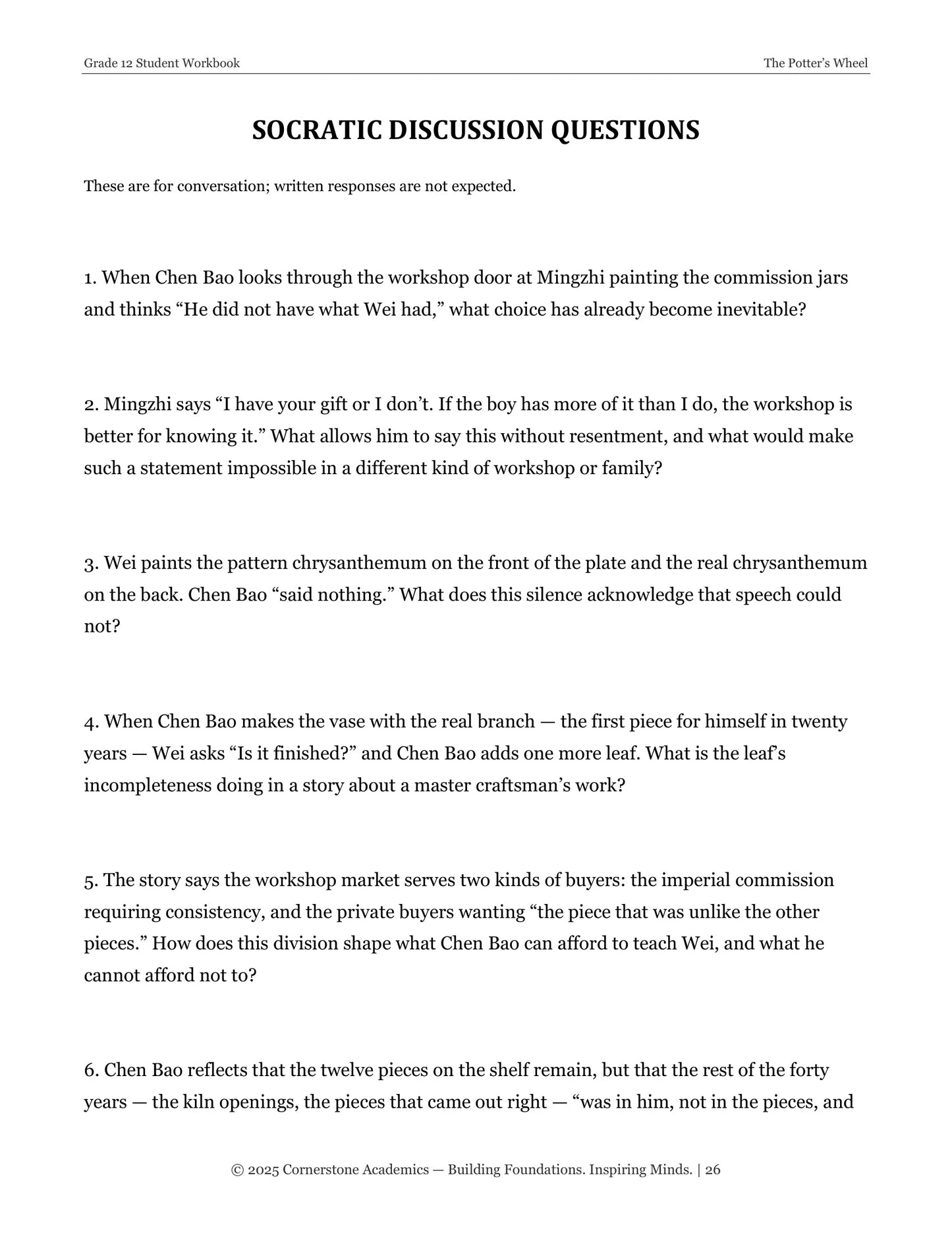 The Potter’s Wheel | Grade 12 Classical Literature Packet | Cornerstone Academics