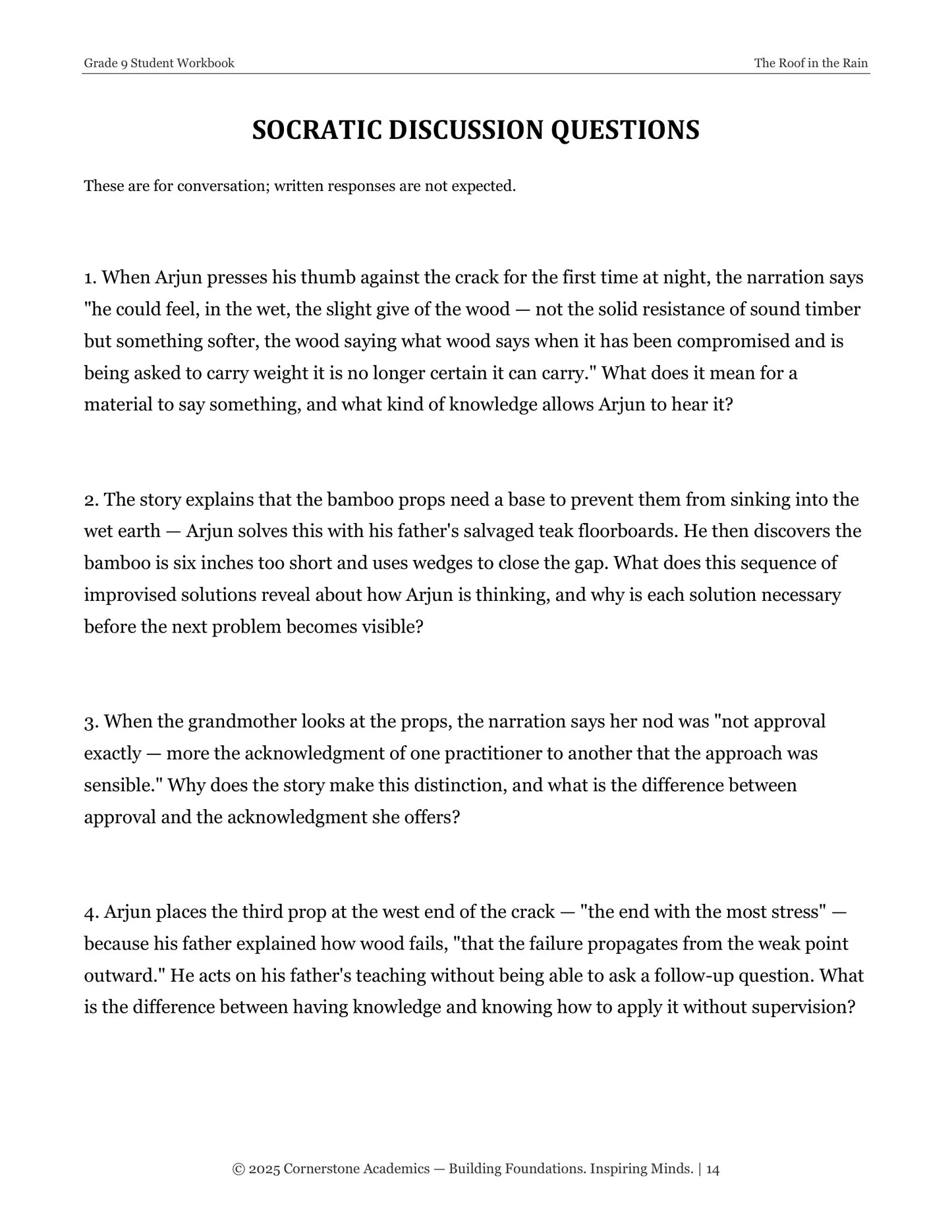 The Roof in the Rain | Grade 9 Classical Literature Packet | Cornerstone Academics