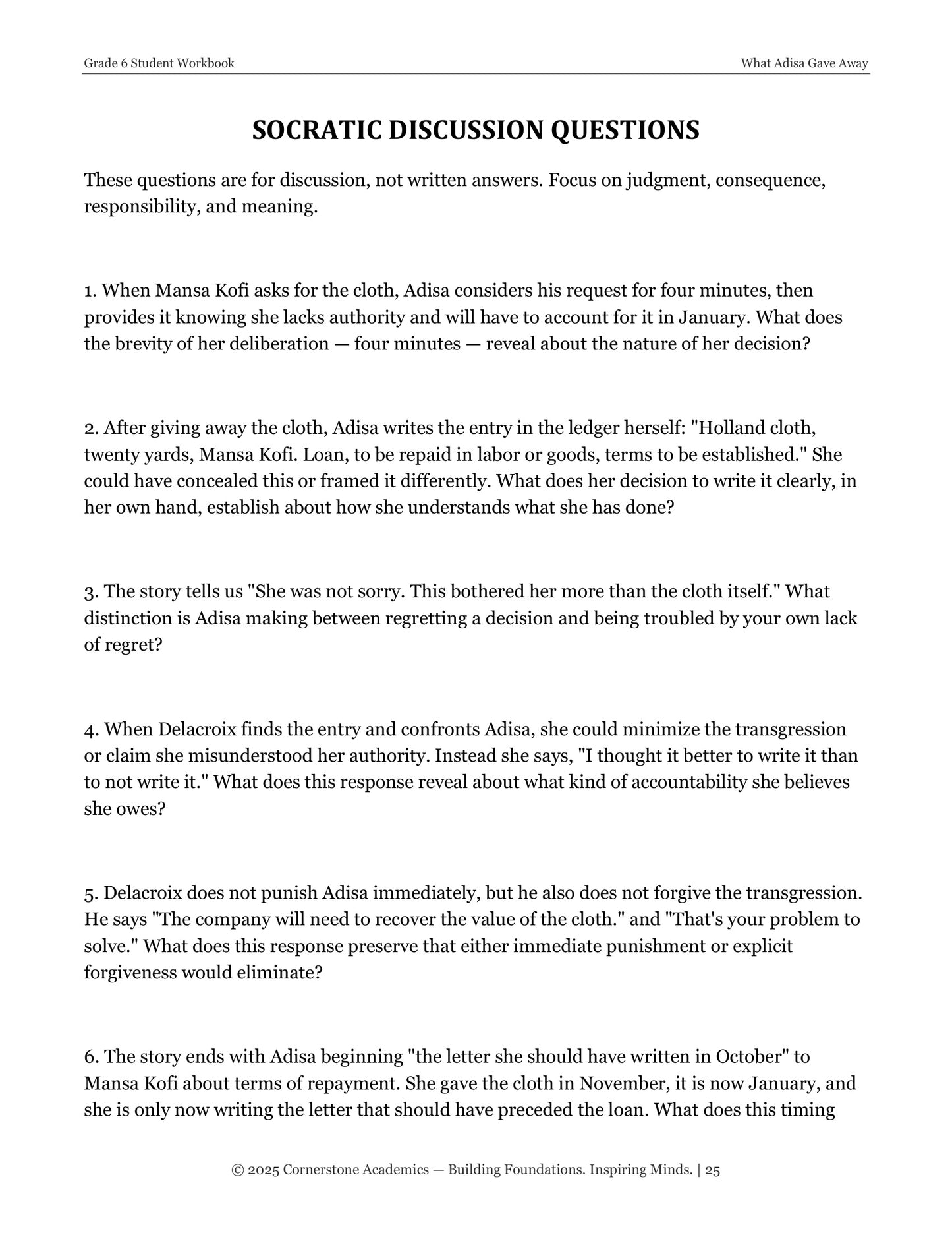 What Adisa Gave Away | Grade 6 Classical Literature Packet | Cornerstone Academics
