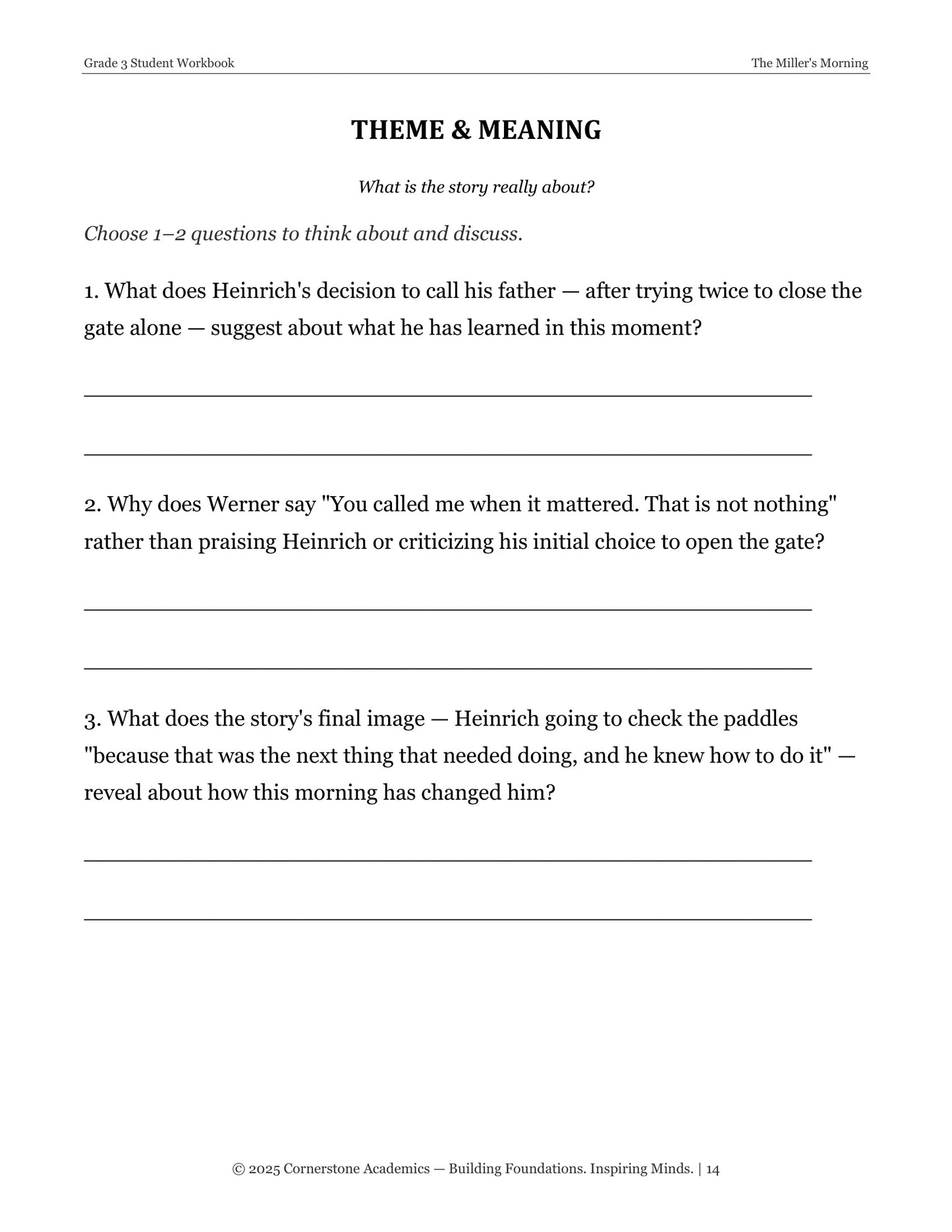 The Miller's Morning | Grade 3 Classical Literature Packet | Cornerstone Academics