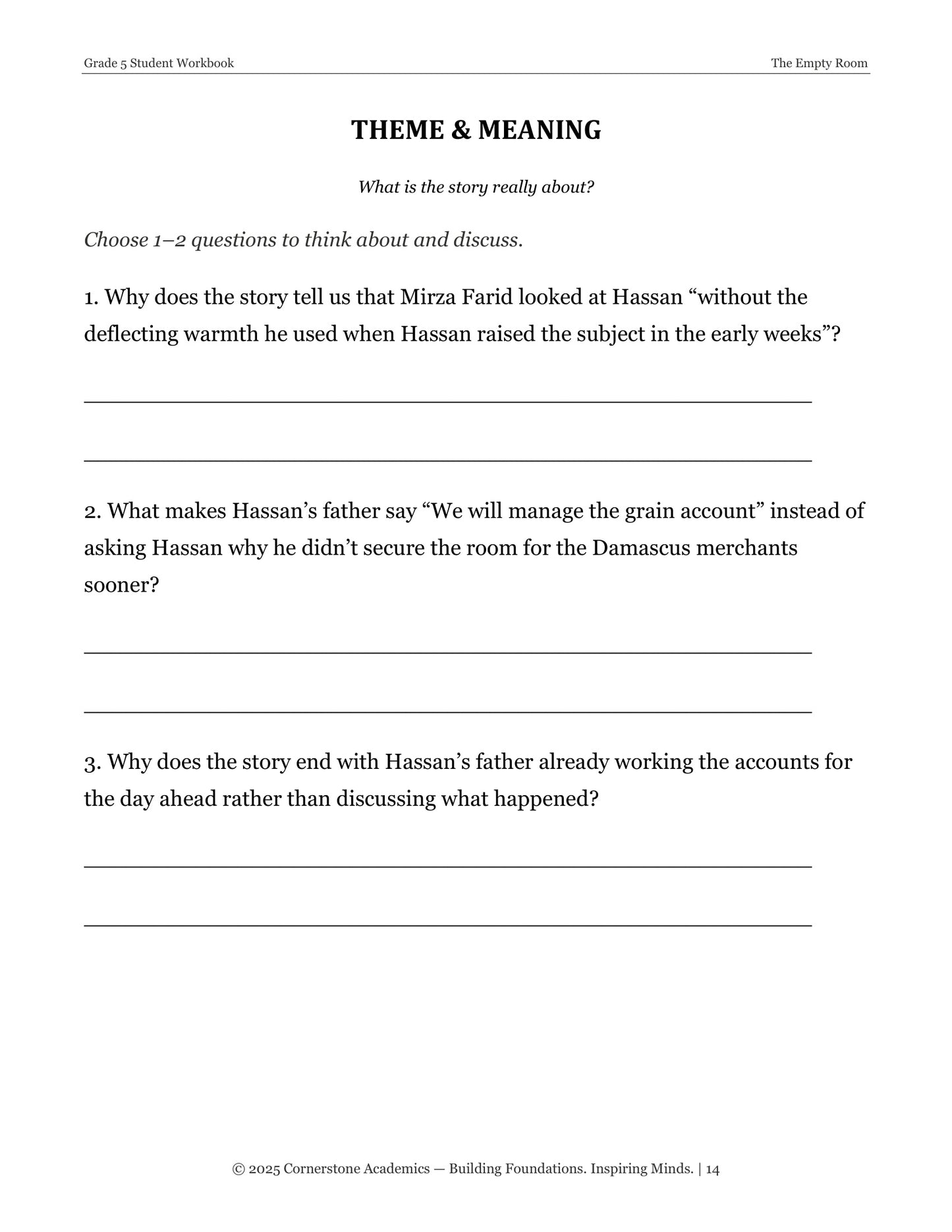 The Empty Room | Grade 5 Classical Literature Packet | Cornerstone Academics