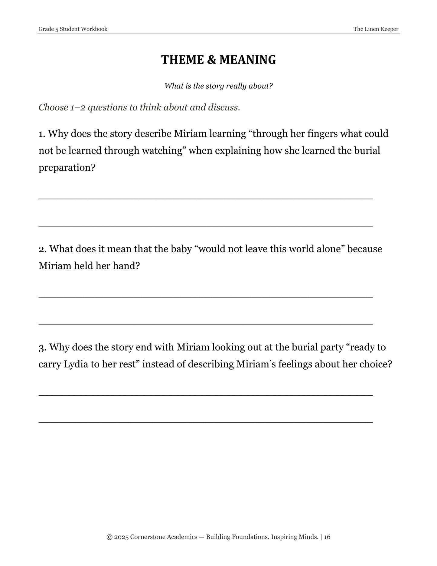 The Linen Keeper | Grade 5 Classical Literature Packet | Cornerstone Academics