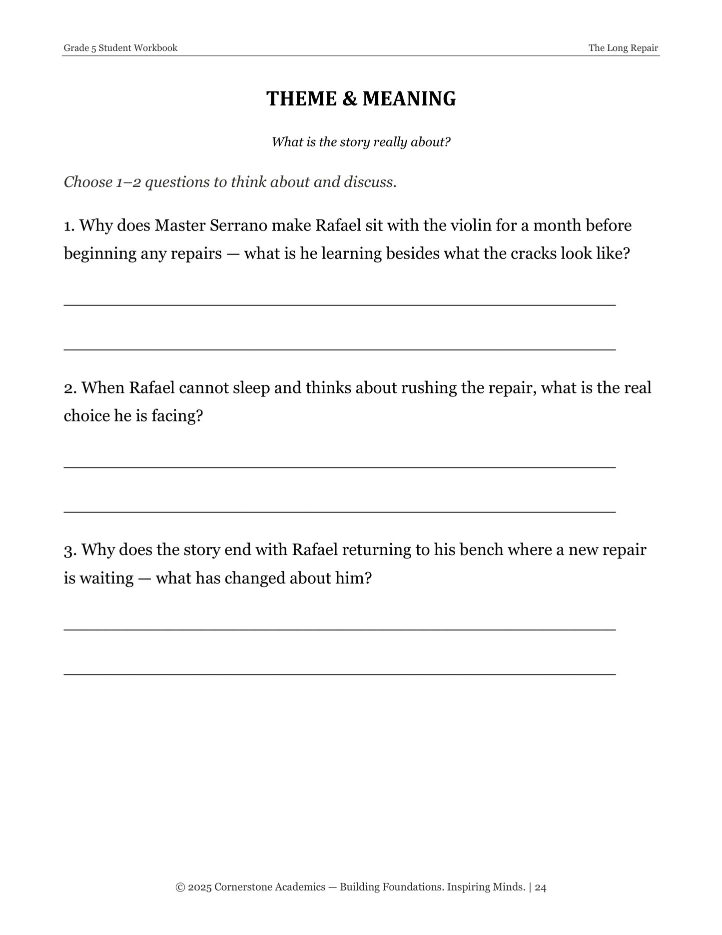 The Long Repair | Grade 5 Classical Literature Packet | Cornerstone Academics