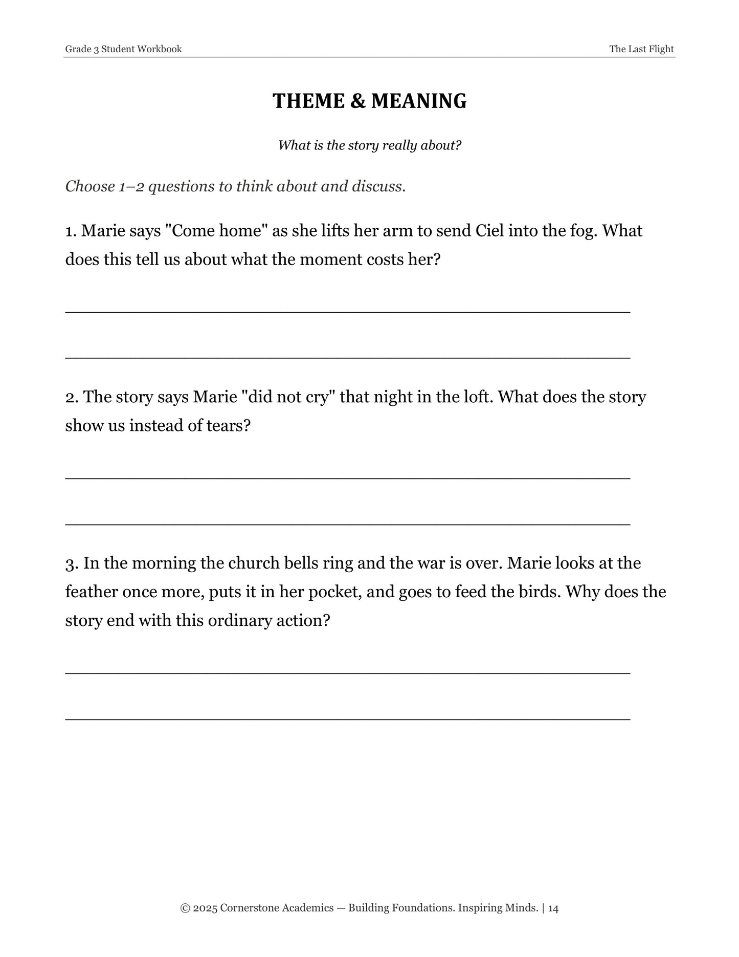 The Last Flight | Grade 3 Classical Literature Packet | Cornerstone Academics