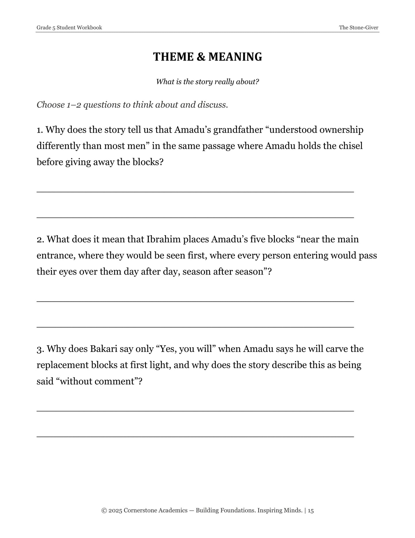 The Stone-Giver | Grade 5 Classical Literature Packet | Cornerstone Academics
