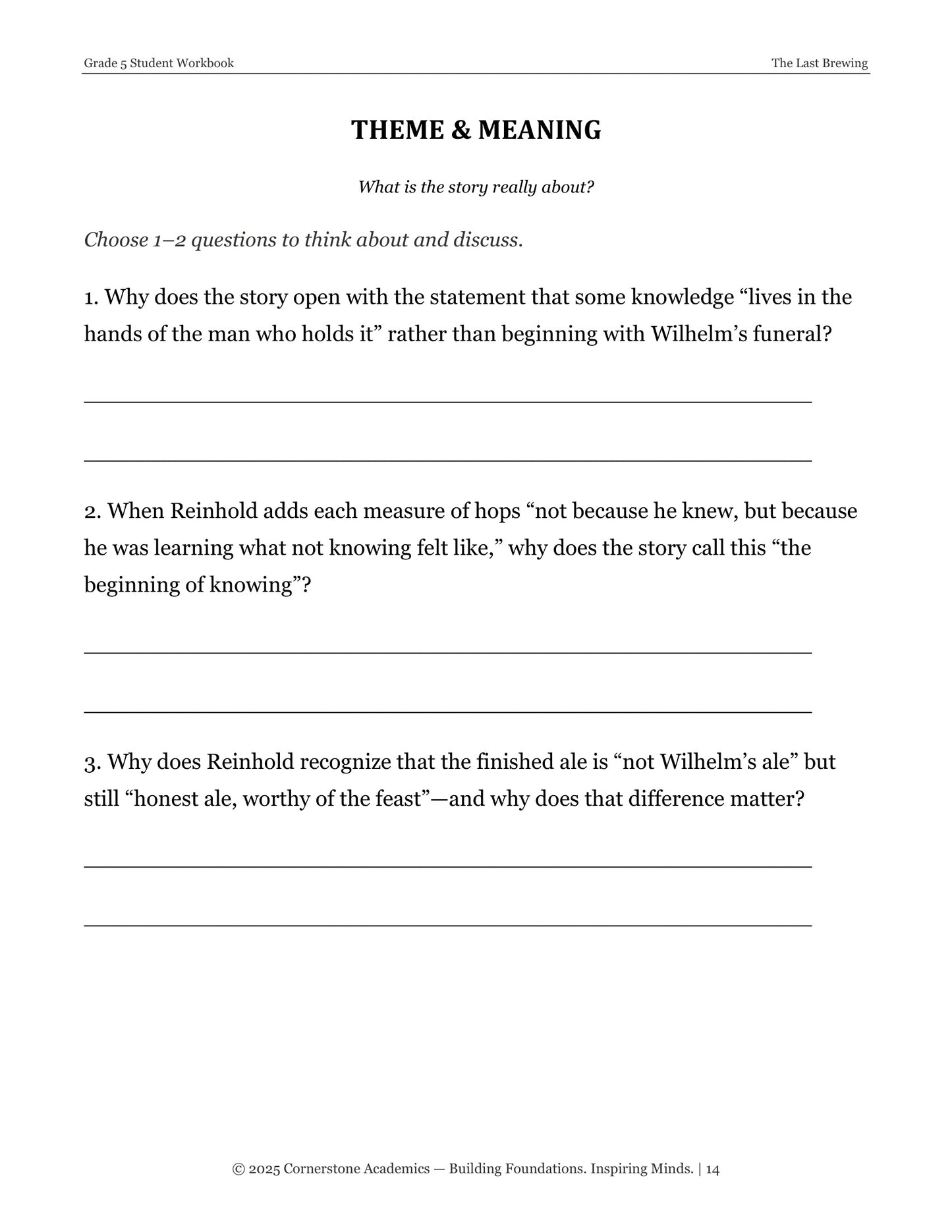 The Last Brewing | Grade 5 Classical Literature Packet | Cornerstone Academics