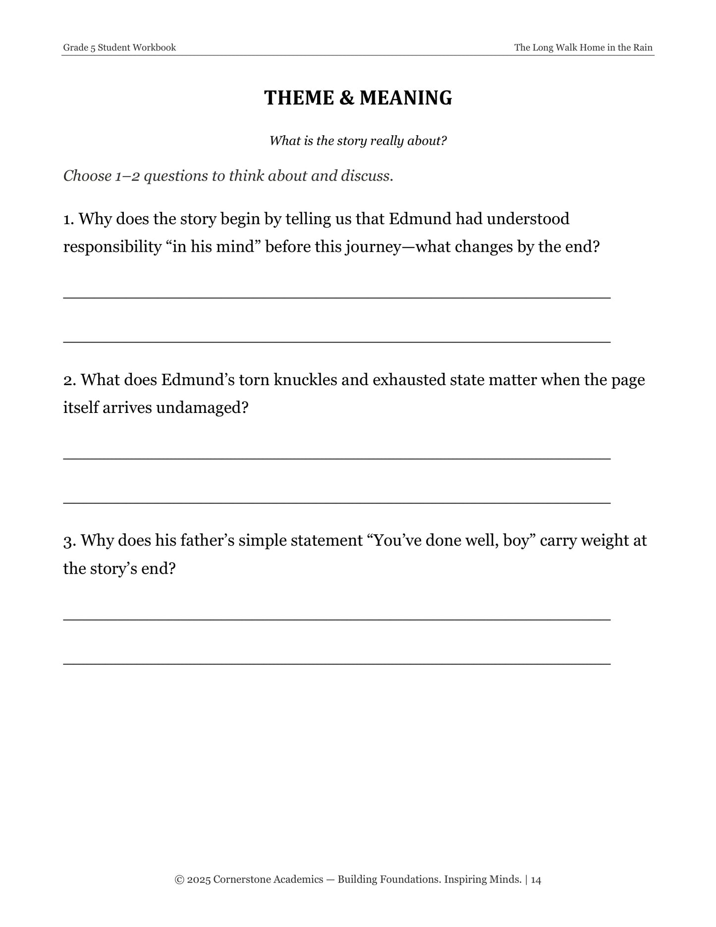 The Long Walk Home in the Rain | Grade 5 Classical Literature Packet | Cornerstone Academics