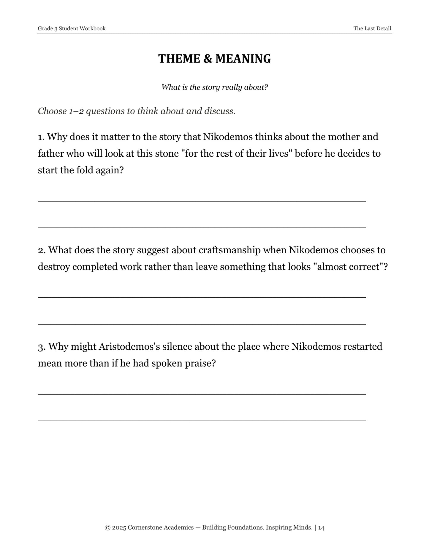 The Last Detail | Grade 3 Classical Literature Packet | Cornerstone Academics