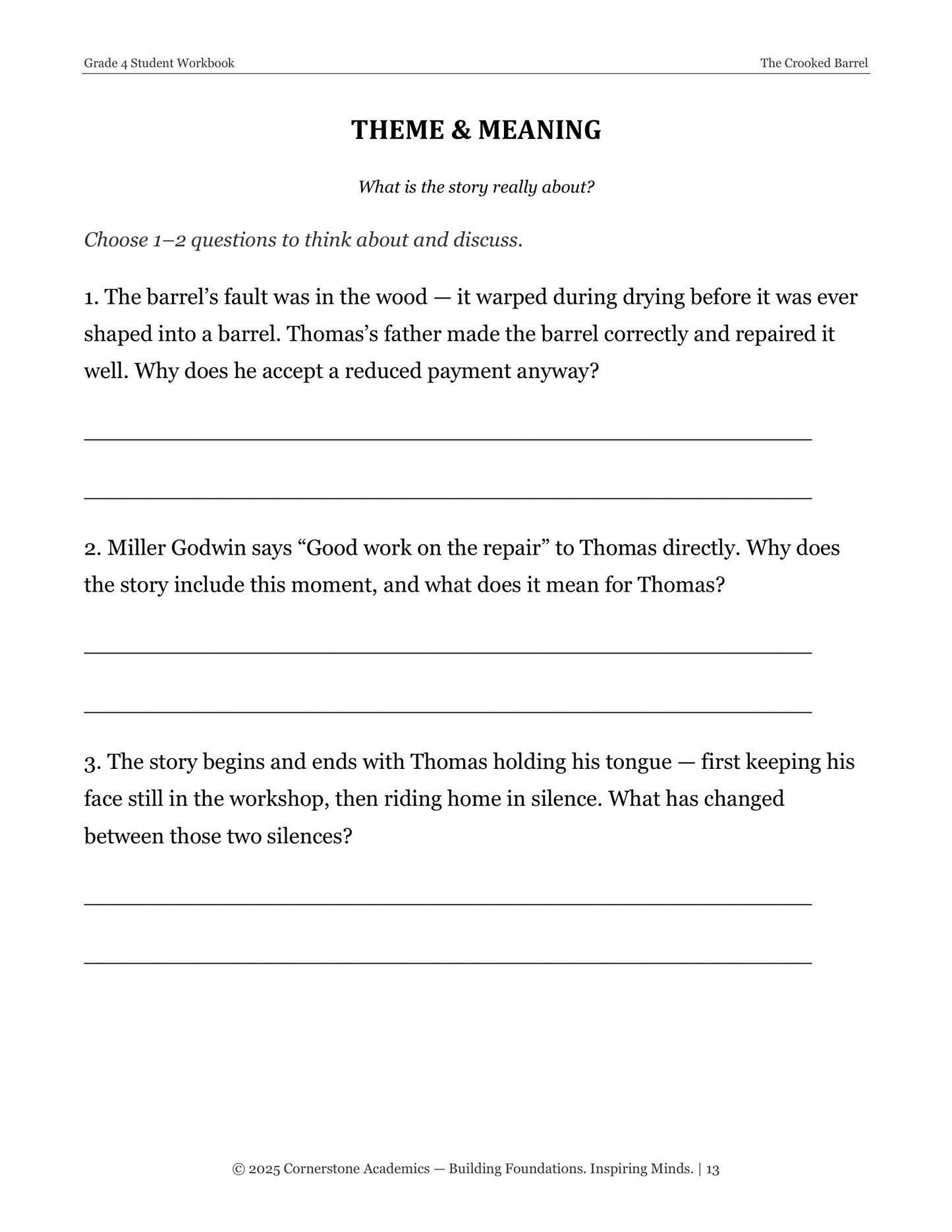 Theme and Meaning questions page from The Crooked Barrel, Grade 4 literature packet