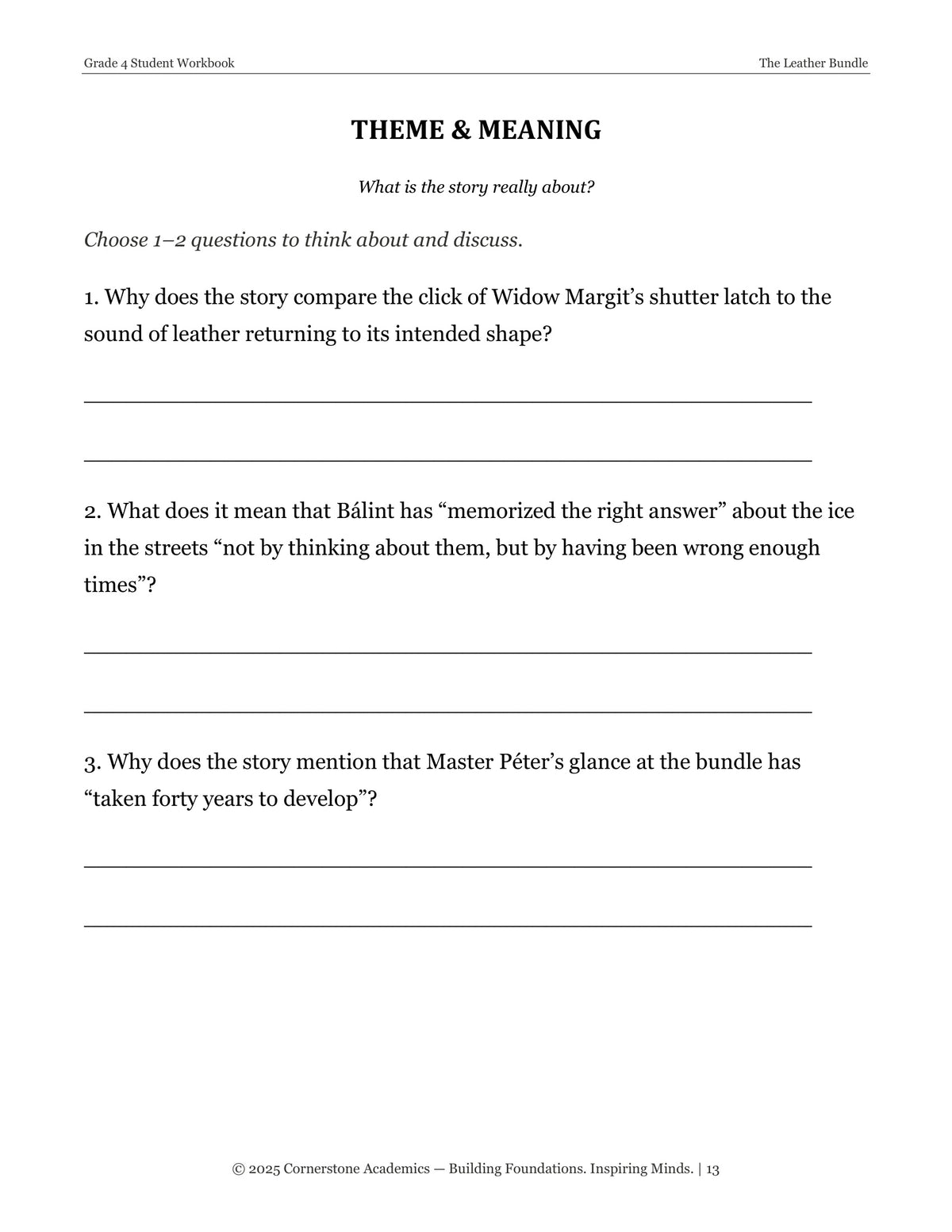 Theme and Meaning questions page from The Leather Bundle, Grade 4 literature packet