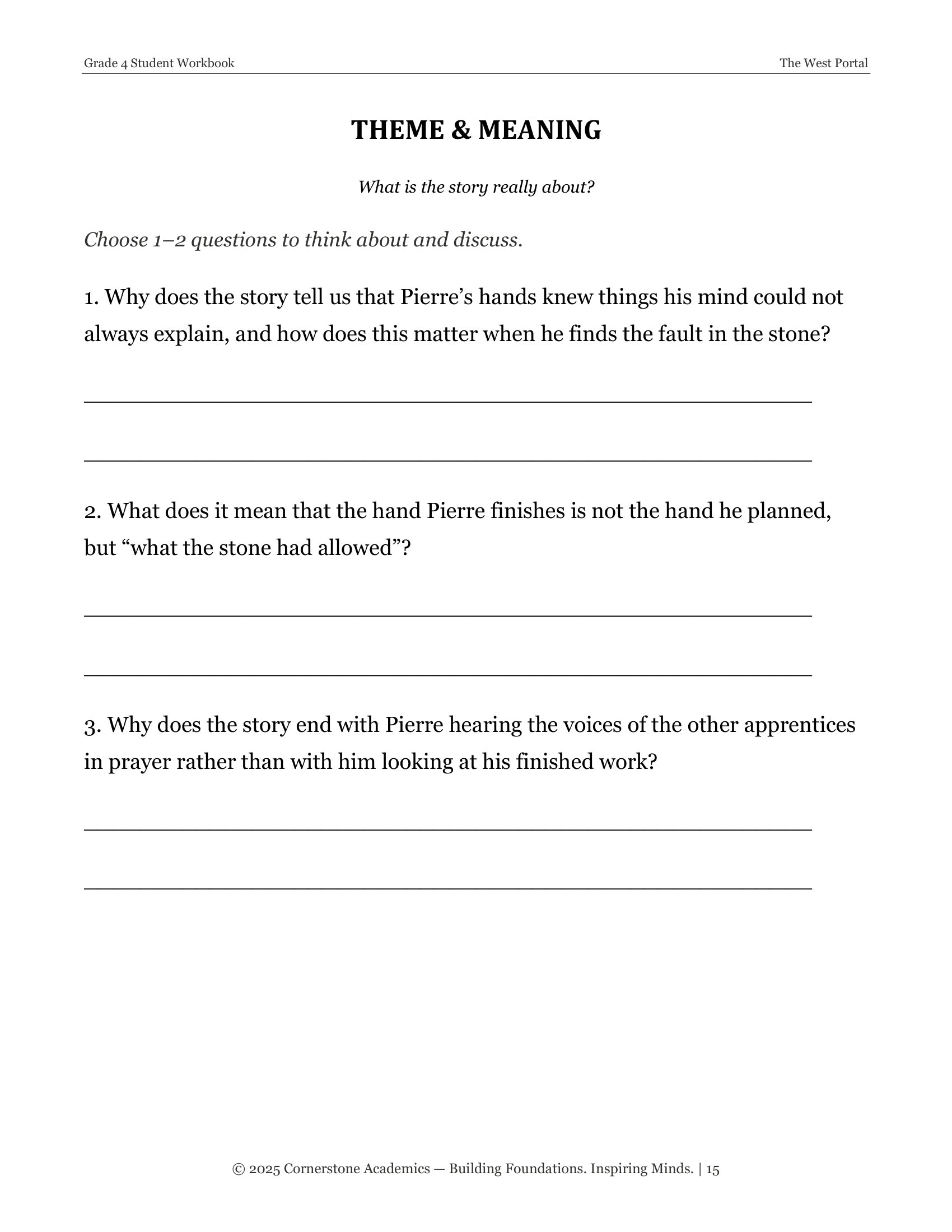 Theme and Meaning questions page from The West Portal, Grade 4 literature packet