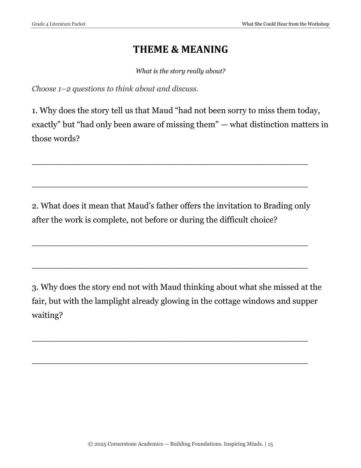 Theme and Meaning questions page from What She Could Hear from the Workshop, Grade 4 literature packet