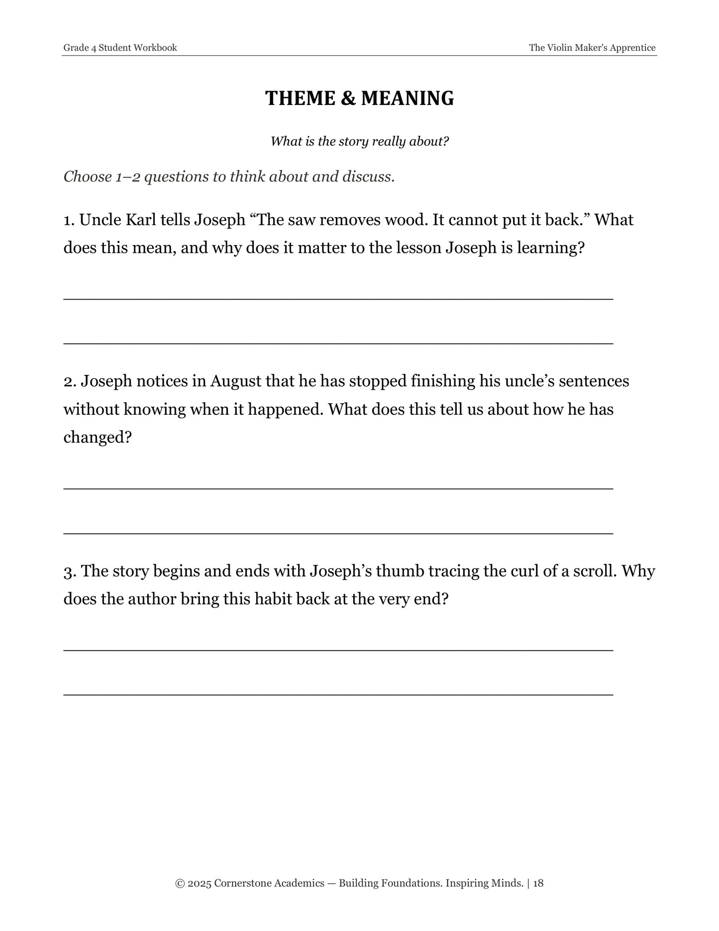 The Violin Maker's Apprentice | Grade 4 Classical Literature Packet | Cornerstone Academics
