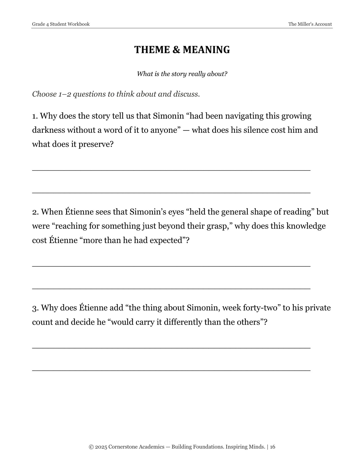 The Miller's Account | Grade 4 Classical Literature Packet | Cornerstone Academics