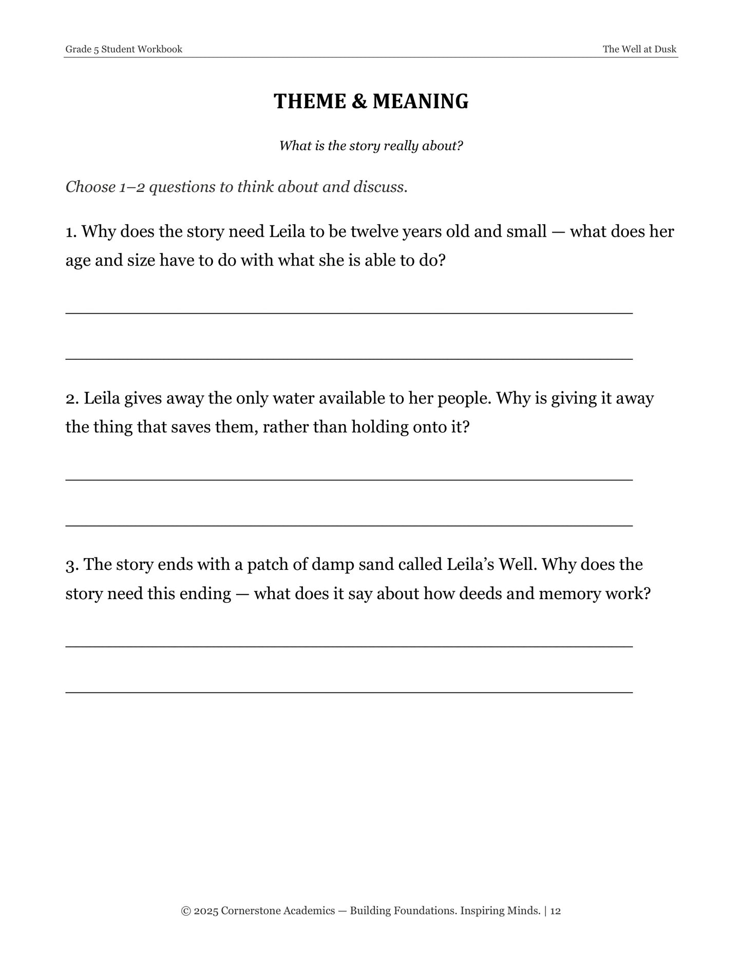 The Well at Dusk | Grade 5 Classical Literature Packet | Cornerstone Academics