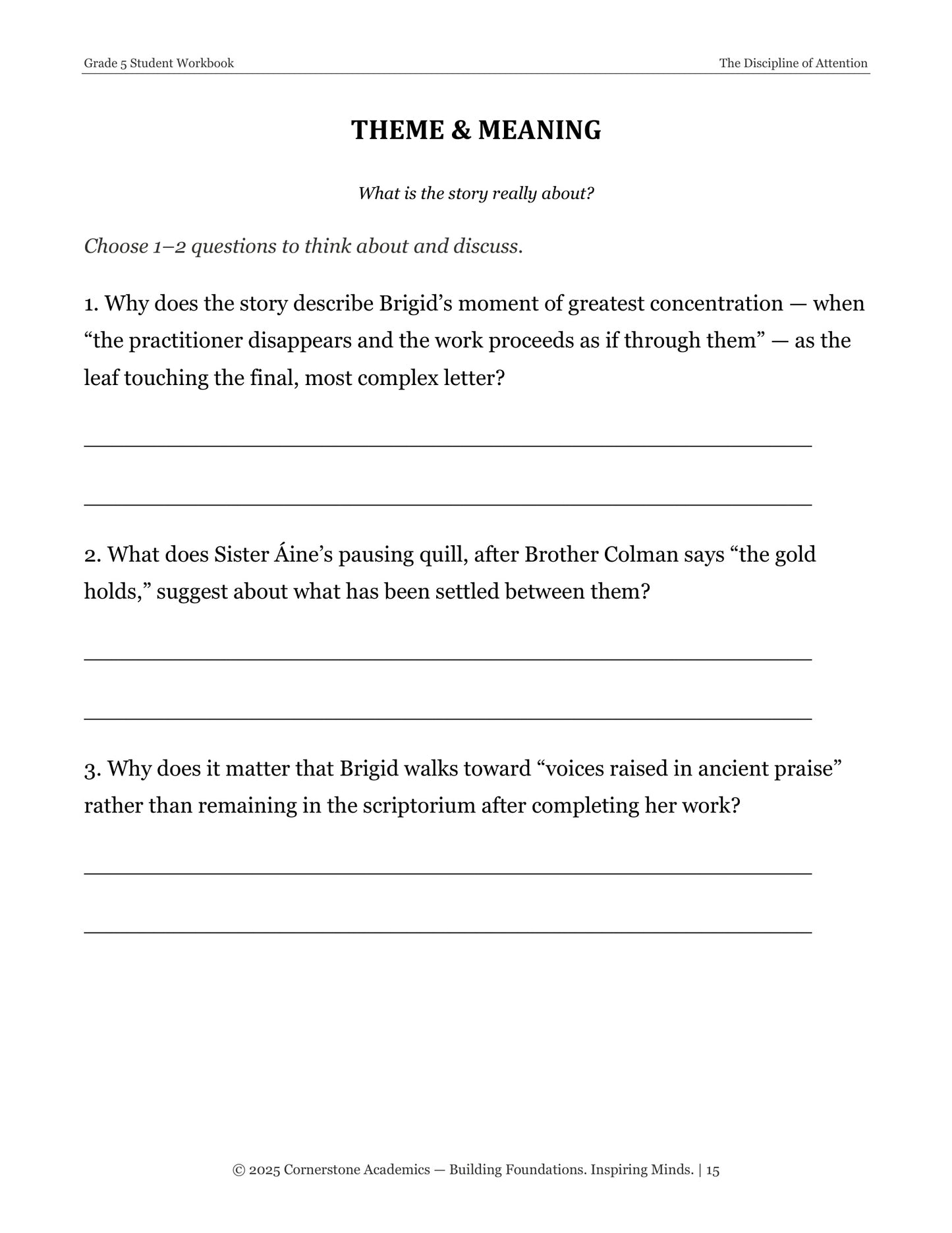 The Discipline of Attention | Grade 5 Classical Literature Packet | Cornerstone Academics